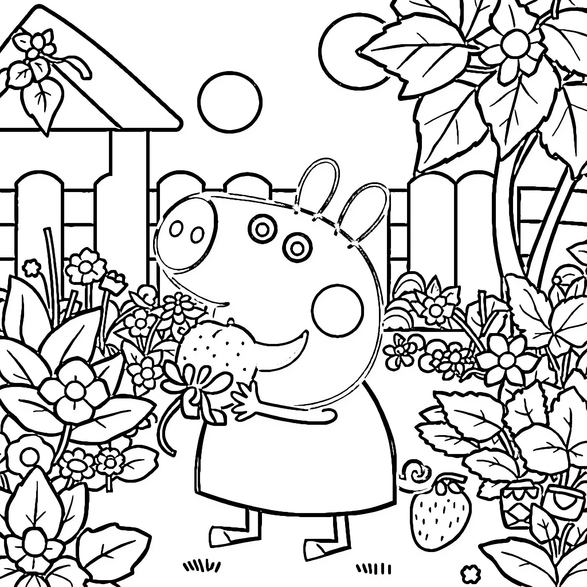 Peppa Pig enjoying the garden with flowers Coloring Page (free black-and-white line drawing printable PDF for all, from beginners to advanced learners, including children, teens, adults, and seniors)