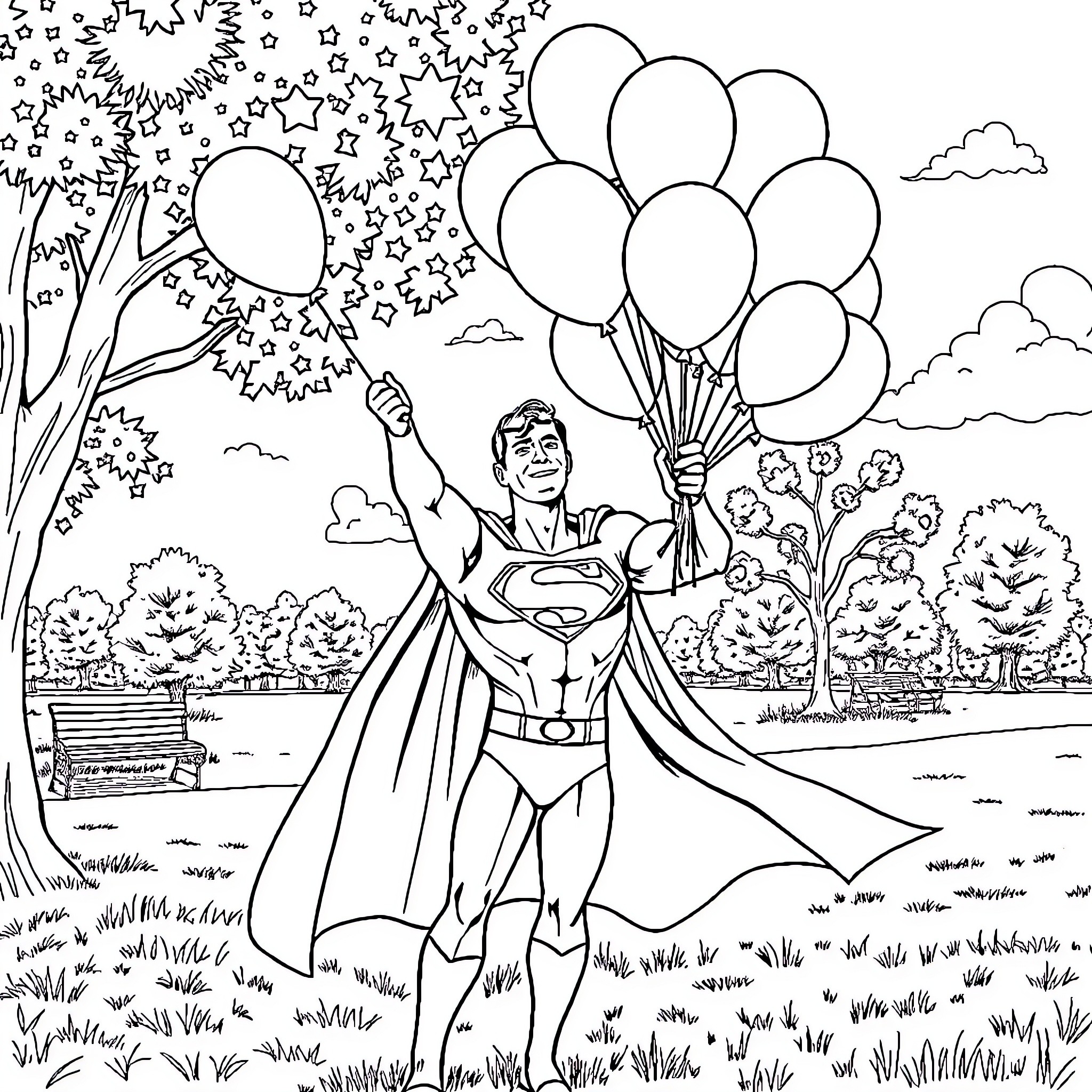 Superman holds colorful balloons in the park Coloring Page (free black-and-white line drawing printable PDF for all, from beginners to advanced learners, including children, teens, adults, and seniors)