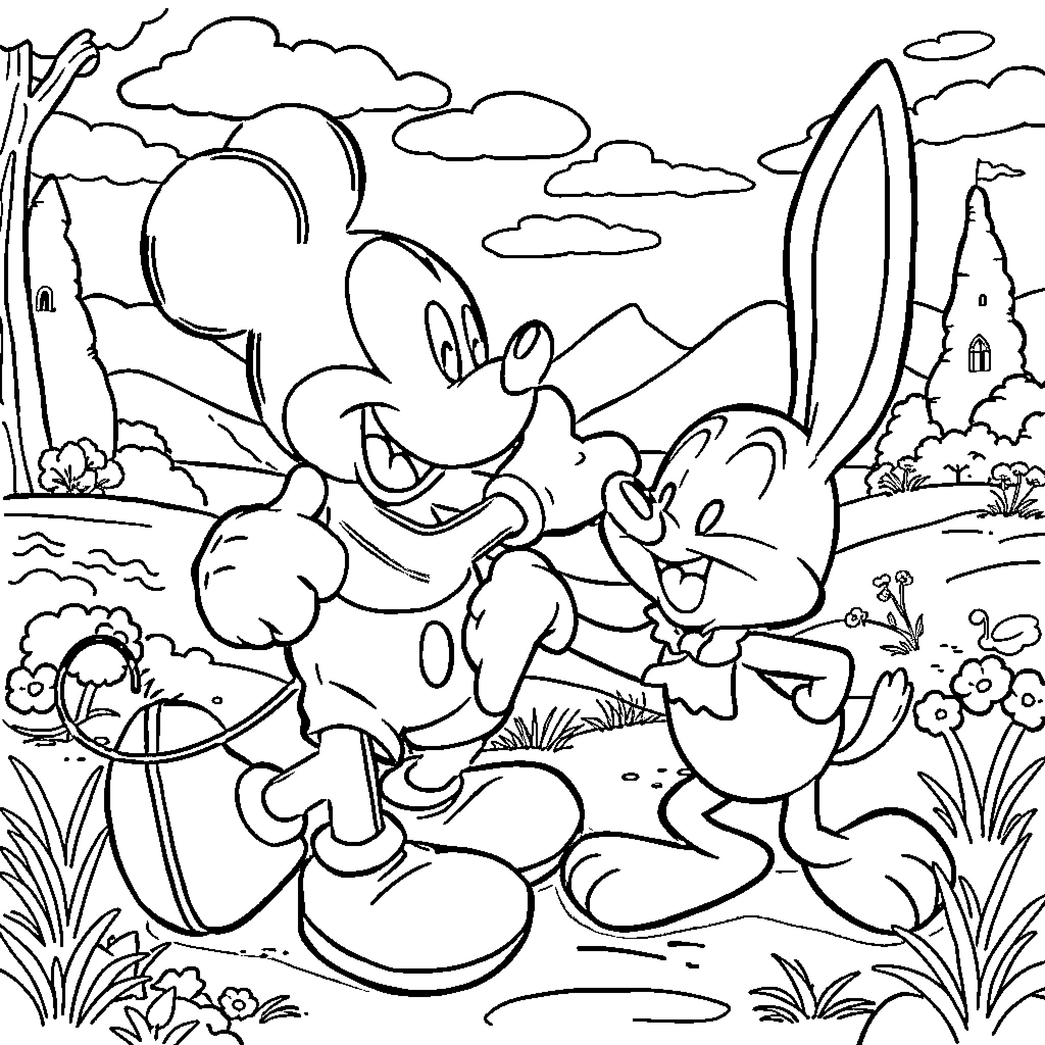Mickey Mouse and Bugs Bunny enjoying outdoor adventure Coloring Page (free black-and-white line drawing printable PDF for all, from beginners to advanced learners, including children, teens, adults, and seniors)