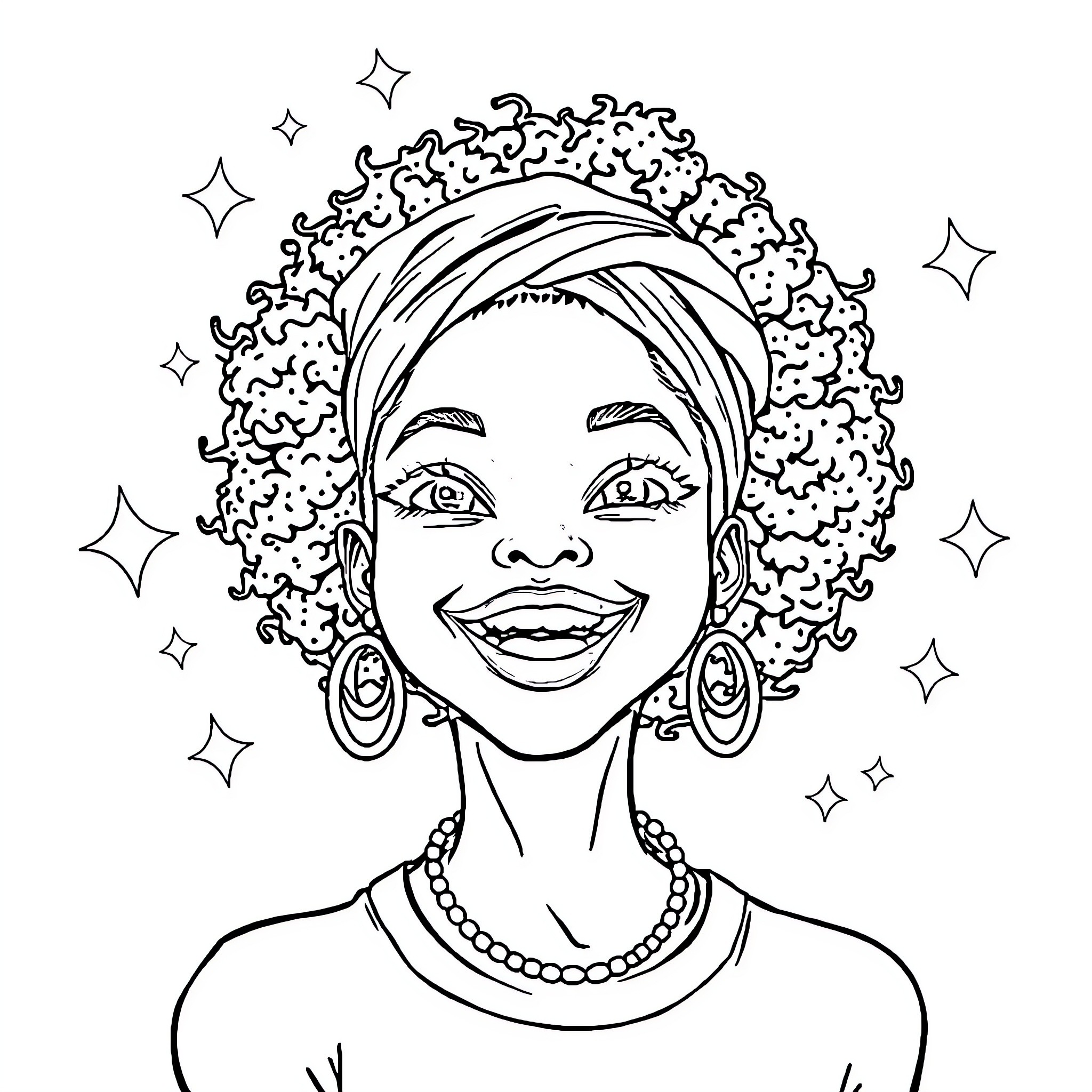 Girl with Curly Hair Surrounded by Stars Coloring Page (free black-and-white line drawing printable PDF for all, from beginners to advanced learners, including children, teens, adults, and seniors)