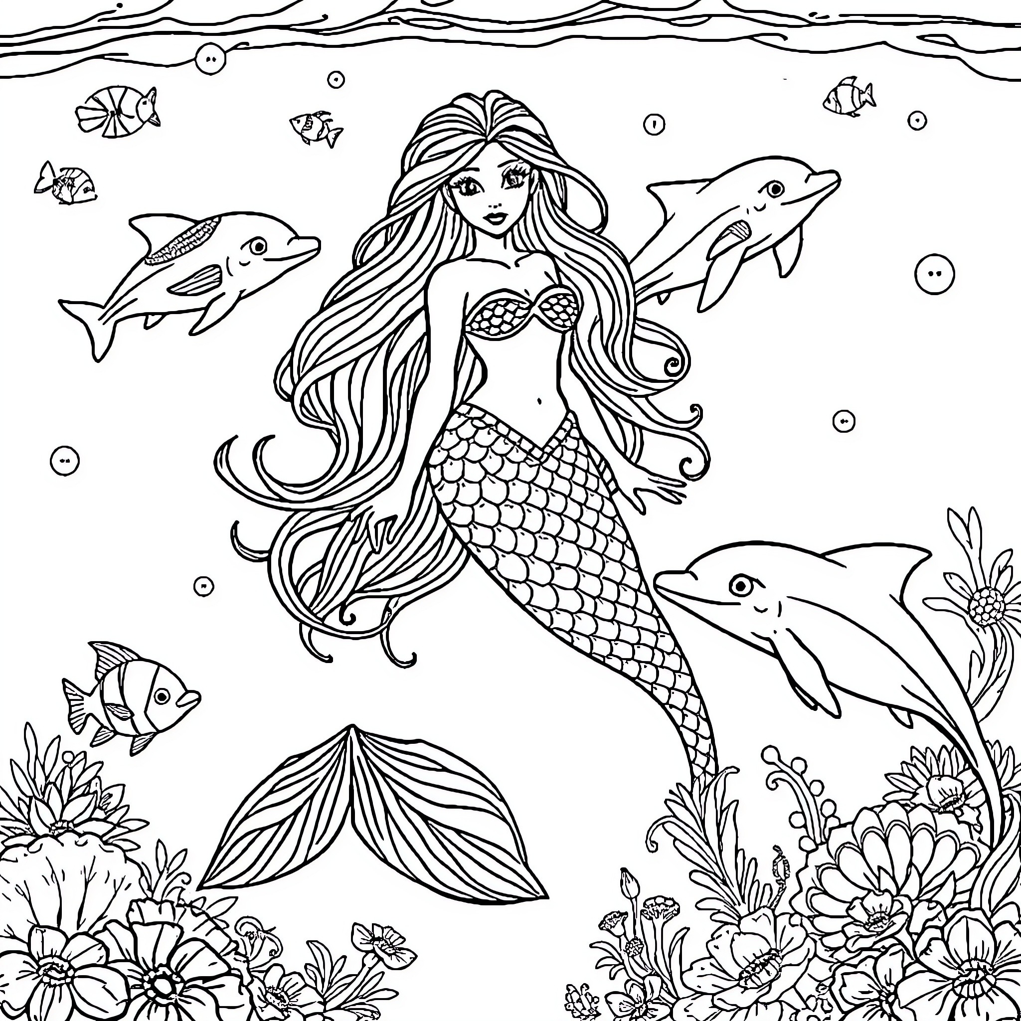 Mermaid surrounded by underwater sea life Coloring Page (free black-and-white line drawing printable PDF for all, from beginners to advanced learners, including children, teens, adults, and seniors)