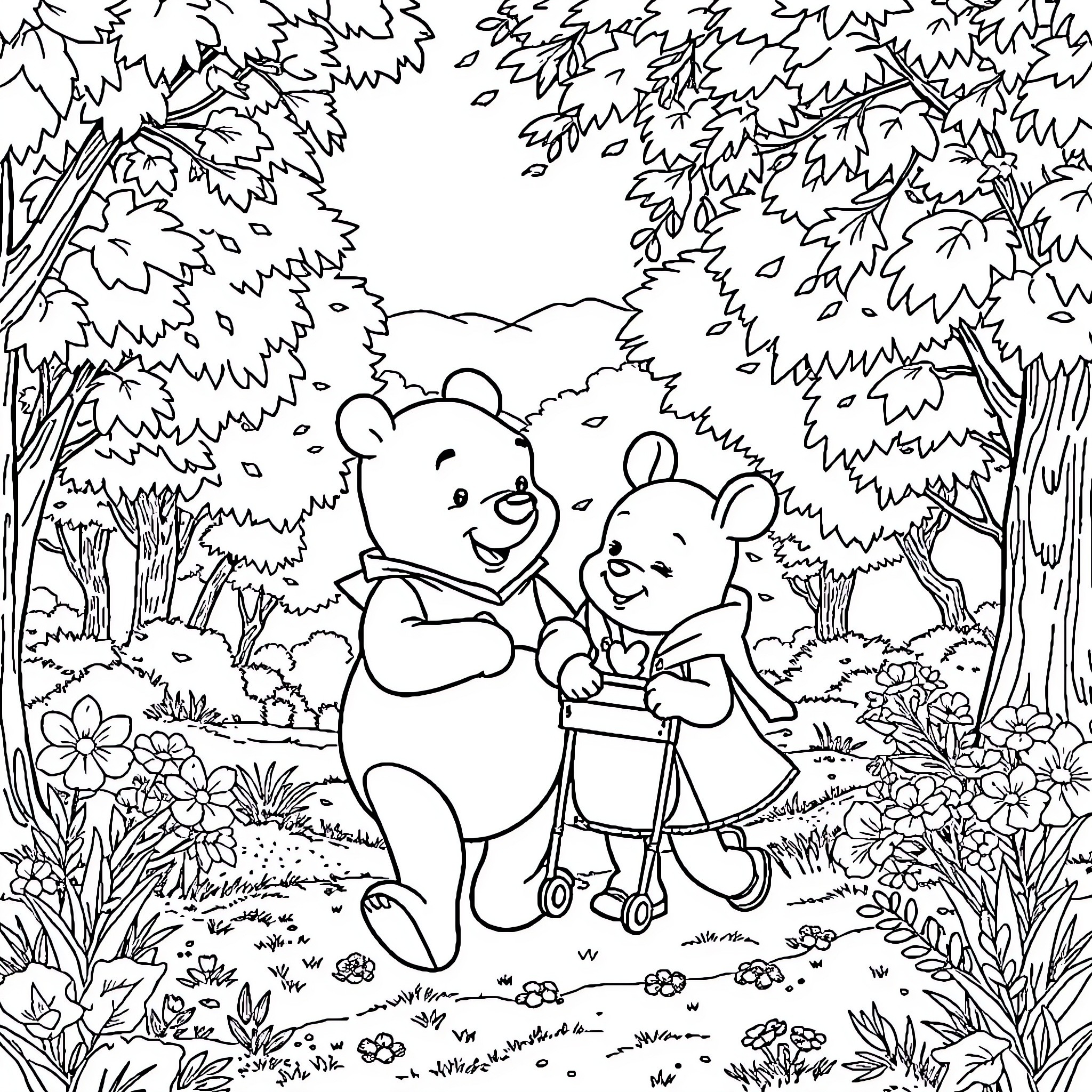 Winnie and Friends Explore the Enchanted Forest Coloring Page (free black-and-white line drawing printable PDF for all, from beginners to advanced learners, including children, teens, adults, and seniors)