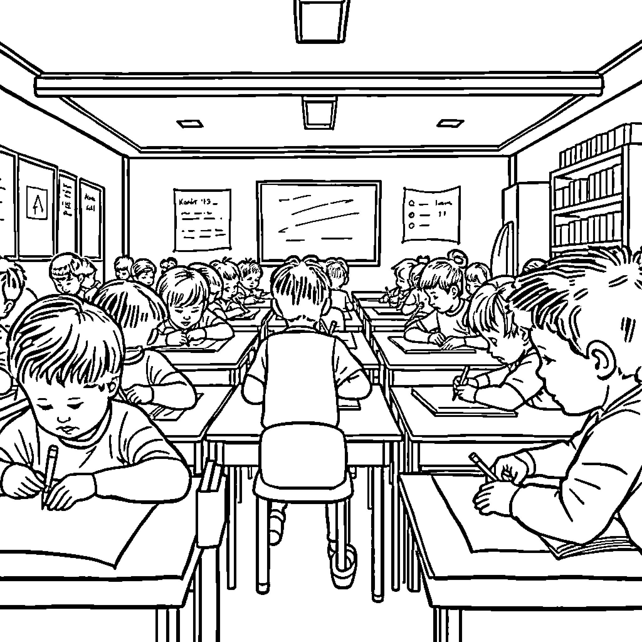 Child learning in classroom surrounded by peers Coloring Page (free black-and-white line drawing printable PDF for all, from beginners to advanced learners, including children, teens, adults, and seniors)