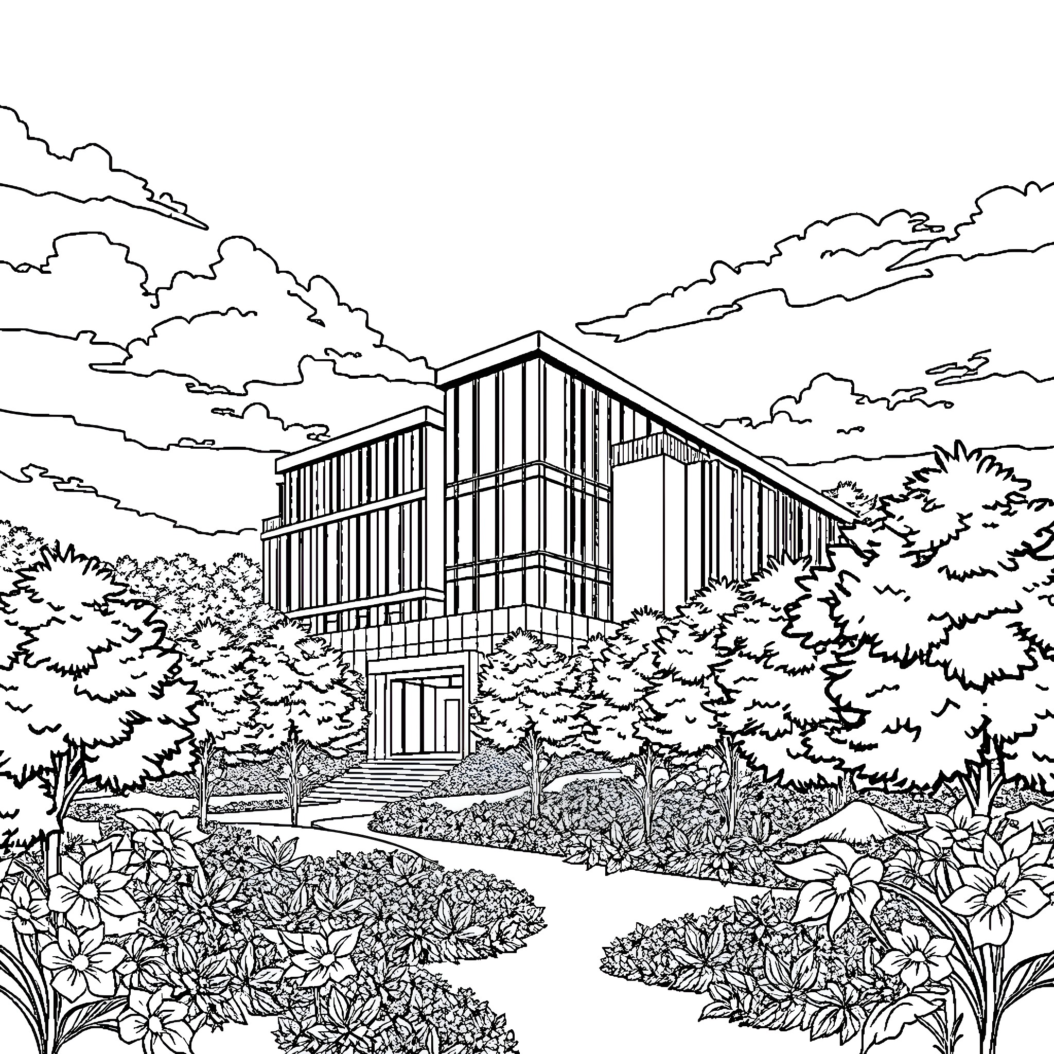 Architecture of a modern building amidst lush greenery Coloring Page (free black-and-white line drawing printable PDF for all, from beginners to advanced learners, including children, teens, adults, and seniors)