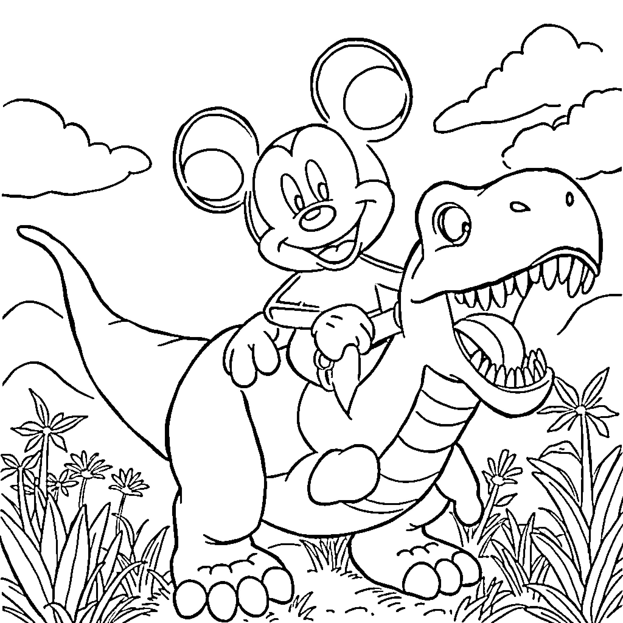 Mickey Mouse playing with a dinosaur in the jungle Coloring Page (free black-and-white line drawing printable PDF for all, from beginners to advanced learners, including children, teens, adults, and seniors)