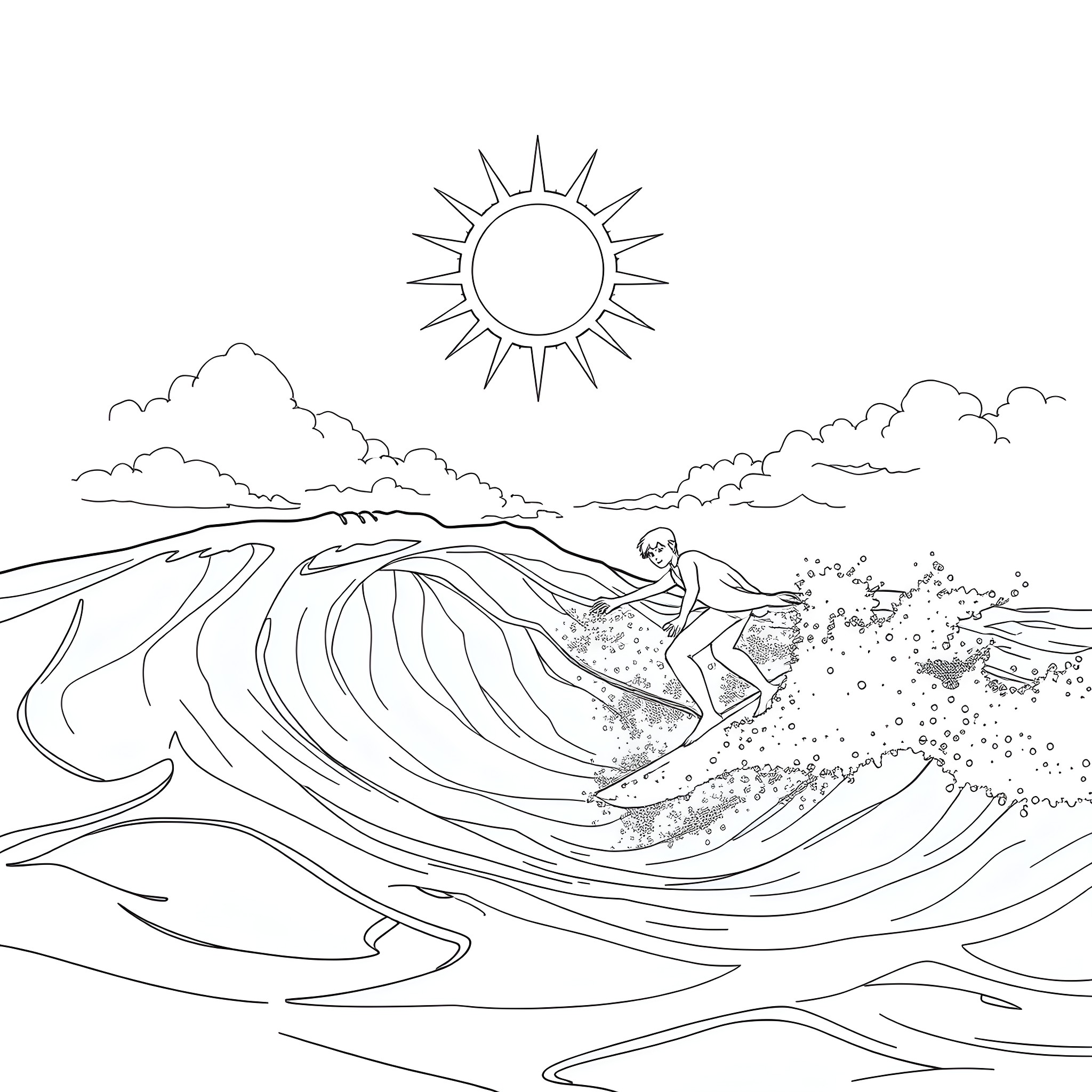 Homem-Aranha surfing the waves with the sun shining Coloring Page (free black-and-white line drawing printable PDF for all, from beginners to advanced learners, including children, teens, adults, and seniors)