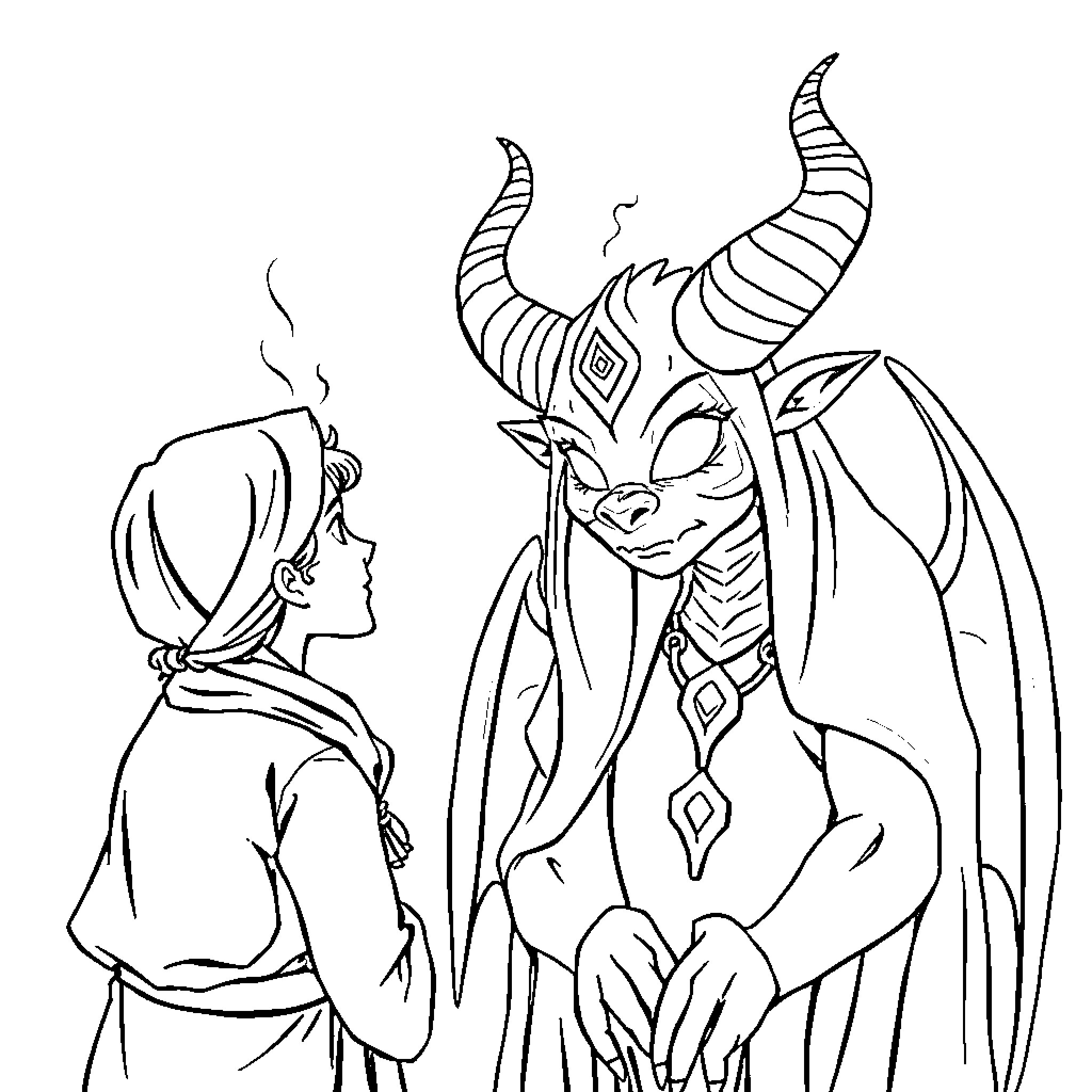 Demon Confronting Hooded Figure Coloring Page (free black-and-white line drawing printable PDF for all, from beginners to advanced learners, including children, teens, adults, and seniors)