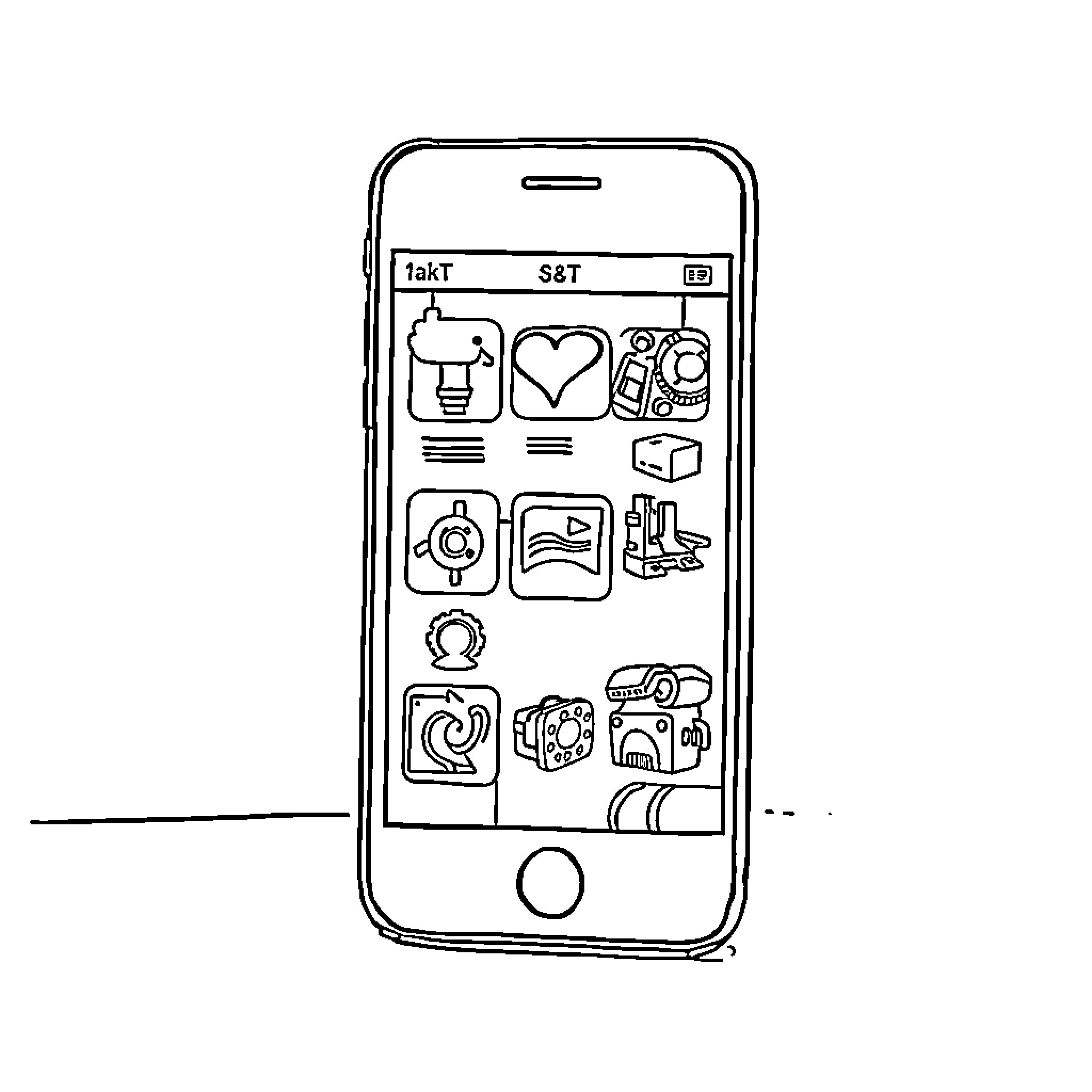 Telephone with various application icons Coloring Page (free black-and-white line drawing printable PDF for all, from beginners to advanced learners, including children, teens, adults, and seniors)