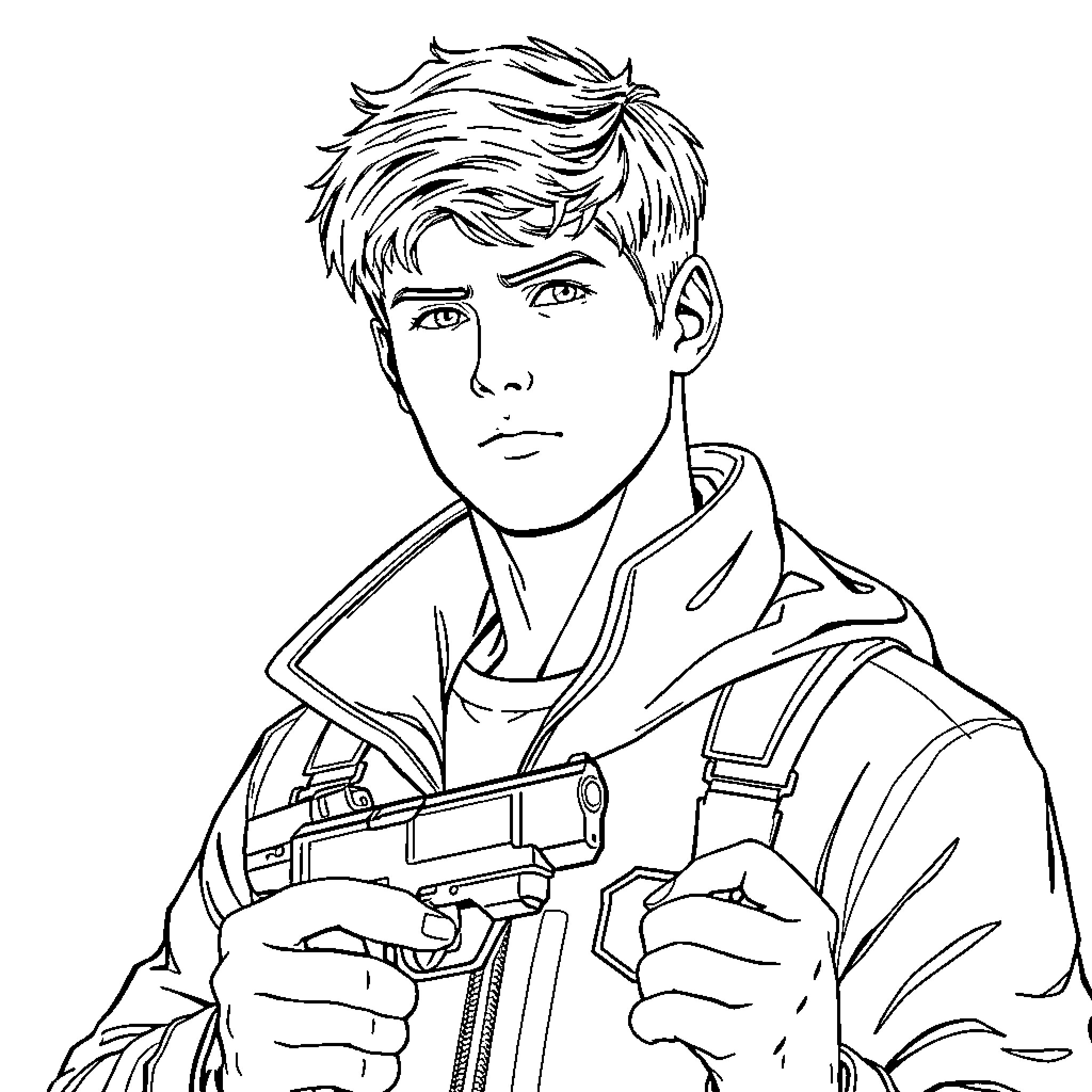 Leon Kennedy in action with gun Coloring Page (free black-and-white line drawing printable PDF for all, from beginners to advanced learners, including children, teens, adults, and seniors)