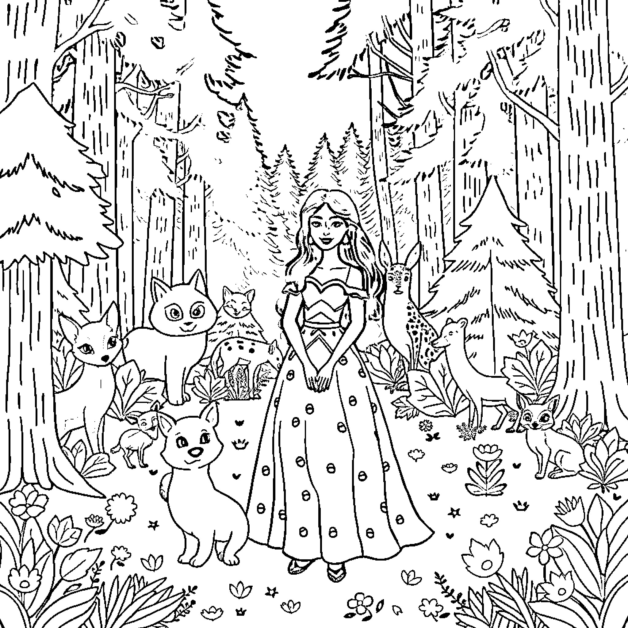 Snow White in the Magical Forest with Animal Companions Coloring Page (free black-and-white line drawing printable PDF for all, from beginners to advanced learners, including children, teens, adults, and seniors)