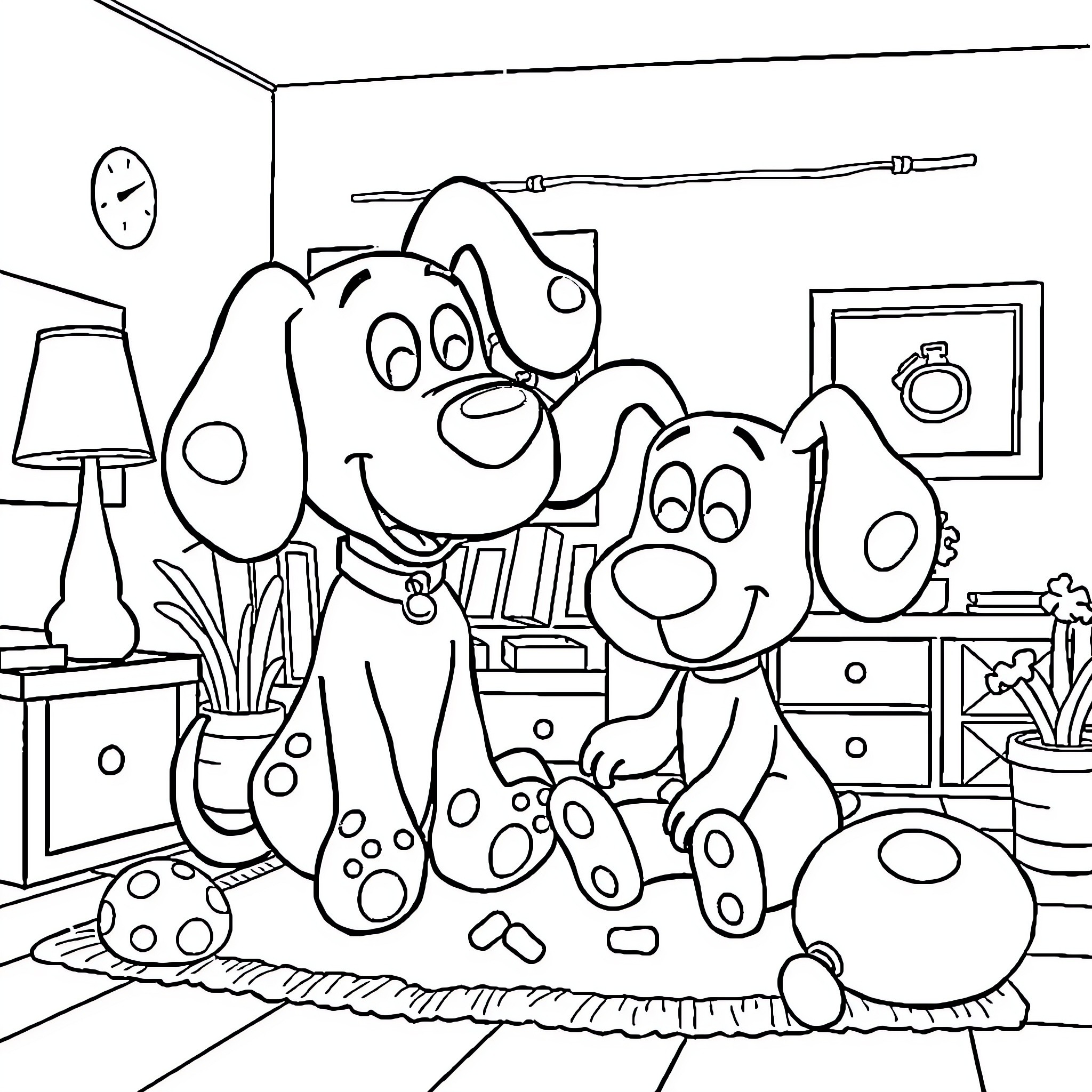 Bluey and Bingo playing happily in the living room Coloring Page (free black-and-white line drawing printable PDF for all, from beginners to advanced learners, including children, teens, adults, and seniors)