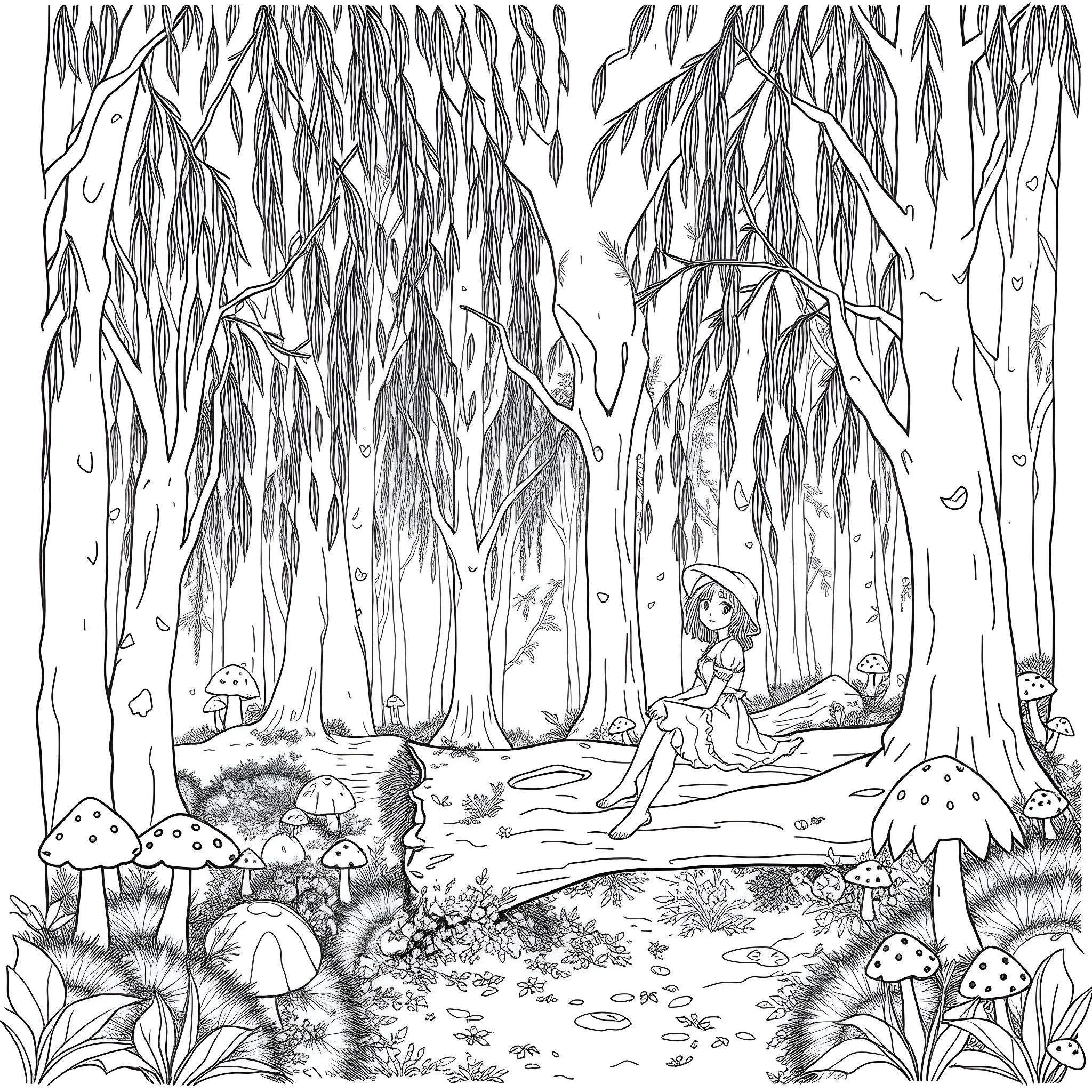 Girl sitting peacefully in mystical forest Coloring Page (free black-and-white line drawing printable PDF for all, from beginners to advanced learners, including children, teens, adults, and seniors)