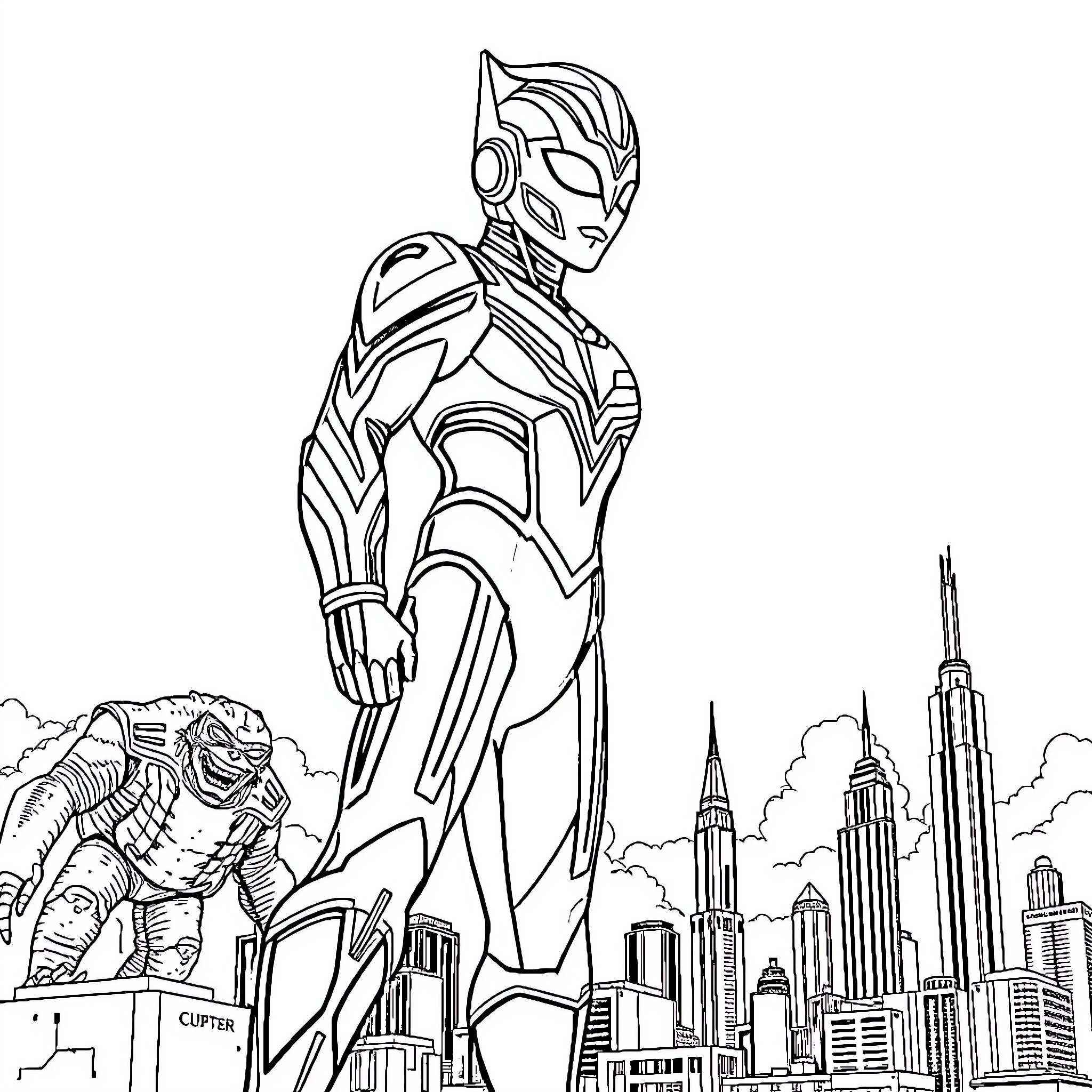 Ultraman heroically stands tall in a futuristic city Coloring Page (free black-and-white line drawing printable PDF for all, from beginners to advanced learners, including children, teens, adults, and seniors)