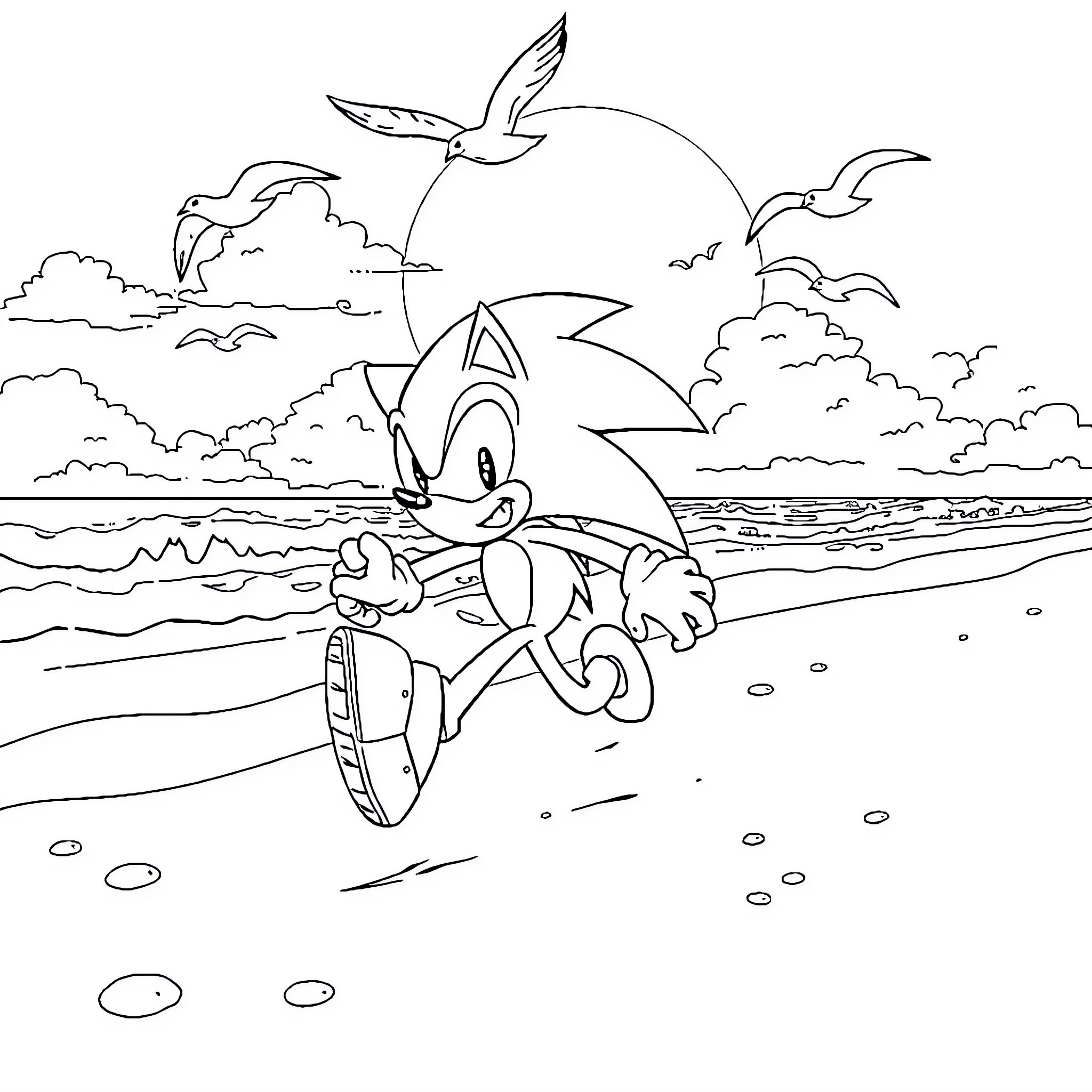 Sonic's beach adventure with seagulls and waves Coloring Page (free black-and-white line drawing printable PDF for all, from beginners to advanced learners, including children, teens, adults, and seniors)