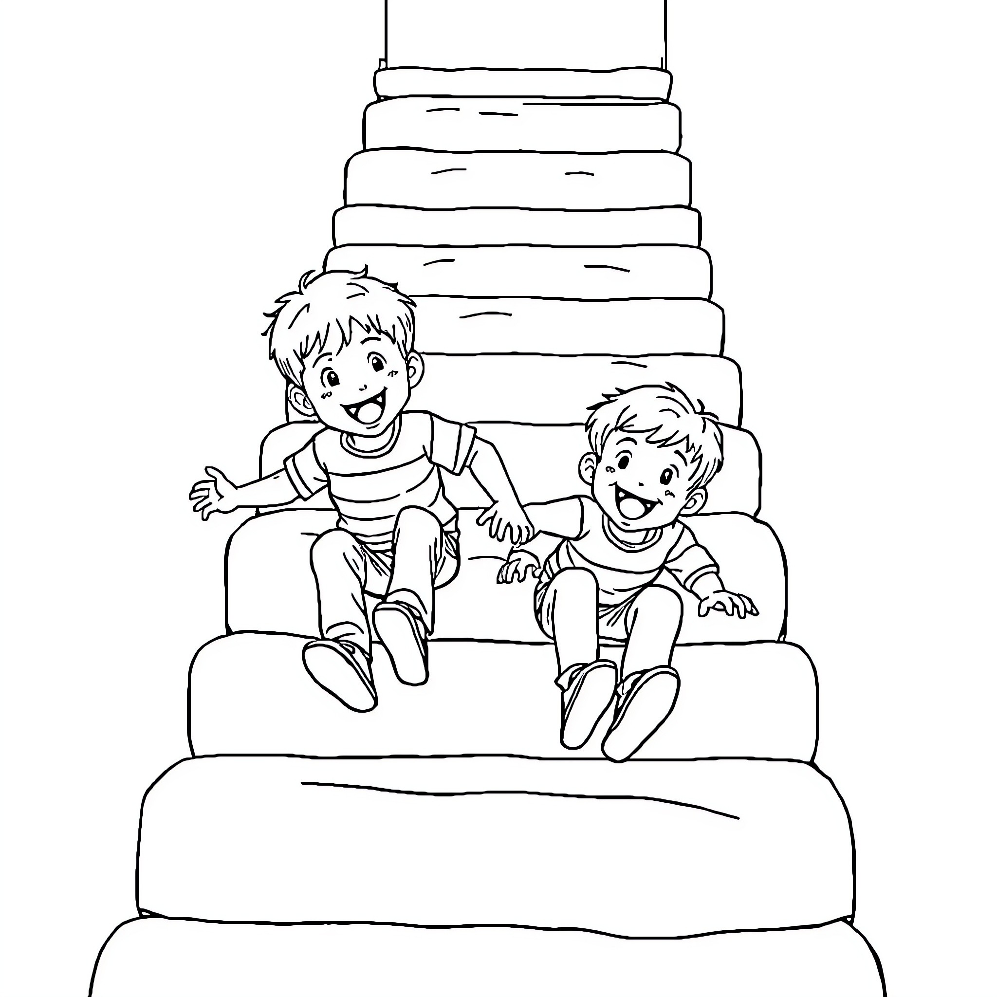Boy explores steps with a friend Coloring Page (free black-and-white line drawing printable PDF for all, from beginners to advanced learners, including children, teens, adults, and seniors)