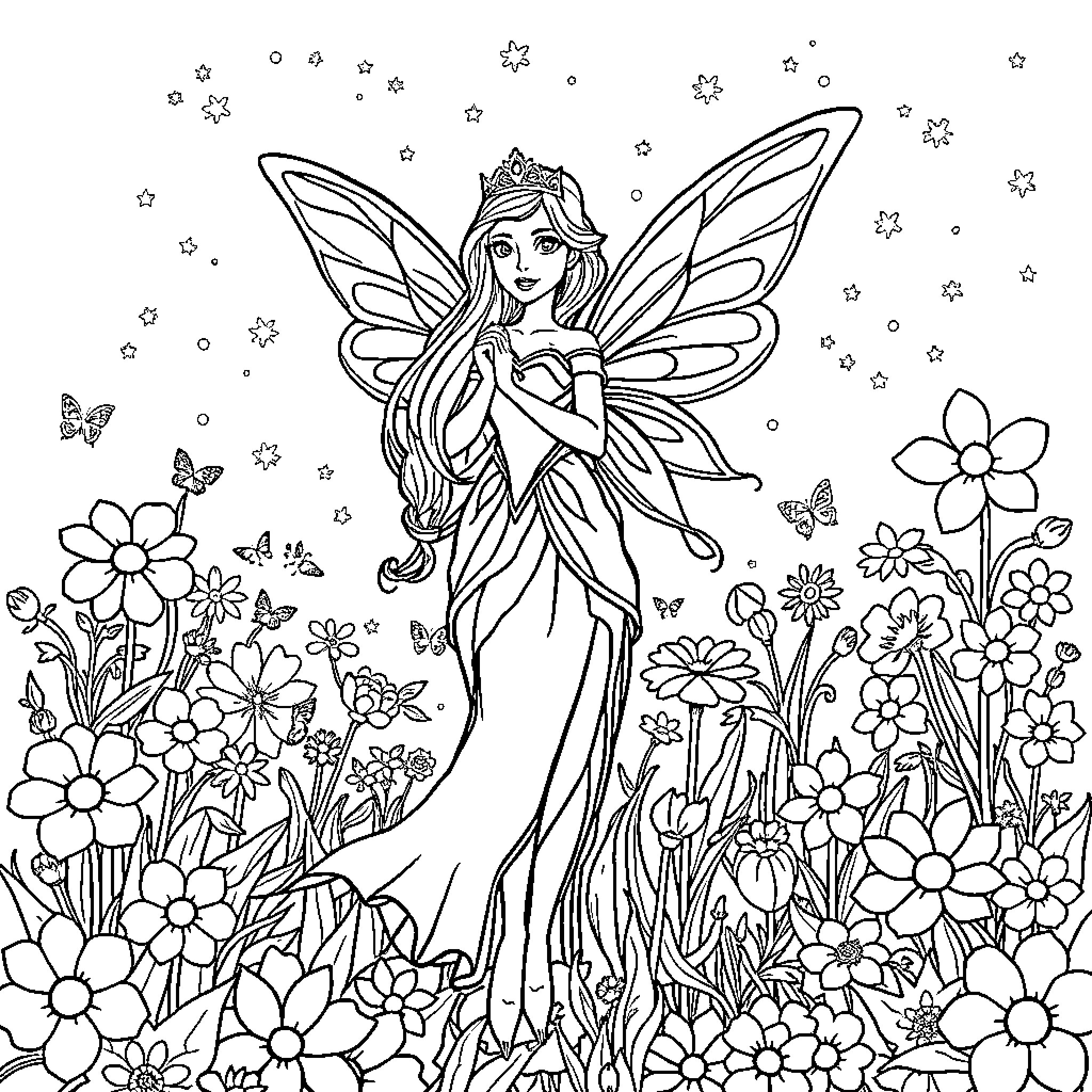 Fairy princess amidst a magical floral garden Coloring Page (free black-and-white line drawing printable PDF for all, from beginners to advanced learners, including children, teens, adults, and seniors)