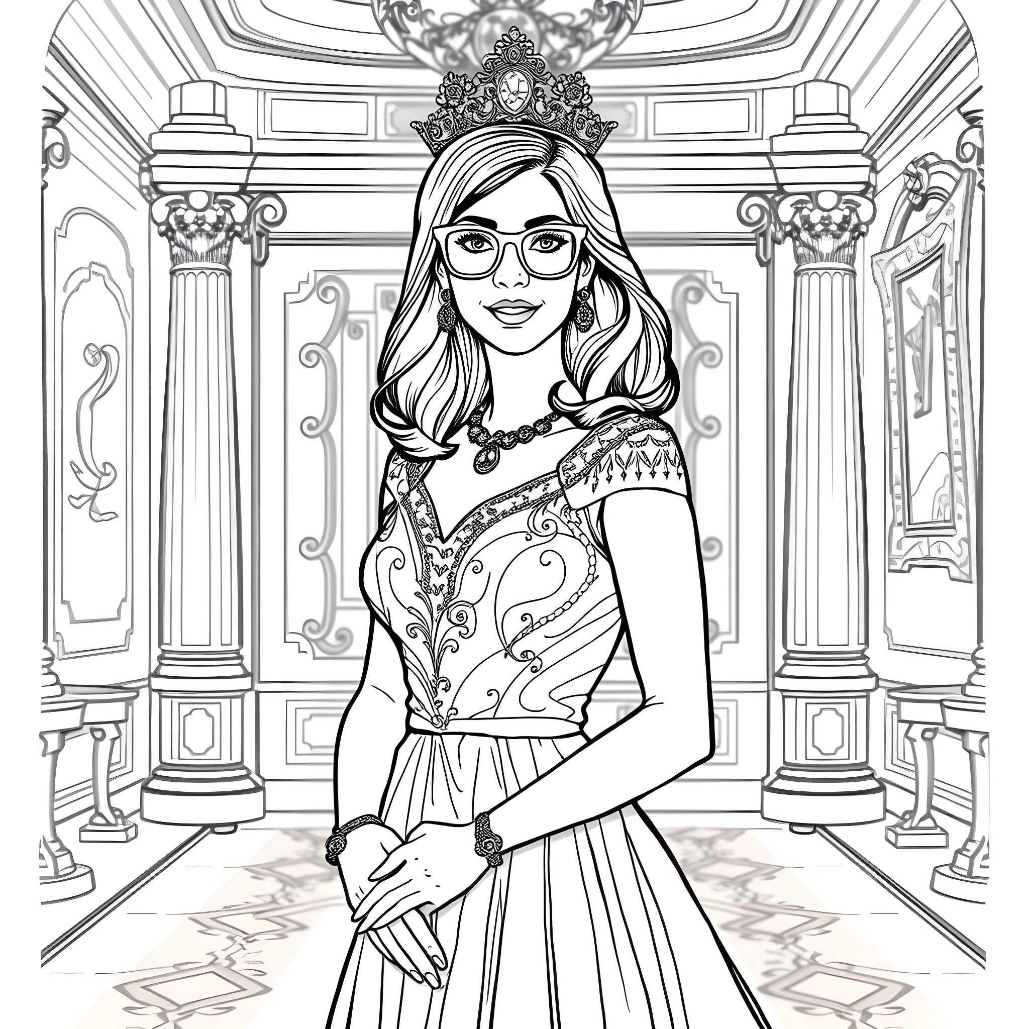 Queen in a Regal Palace Coloring Page (free black-and-white line drawing printable PDF for all, from beginners to advanced learners, including children, teens, adults, and seniors)