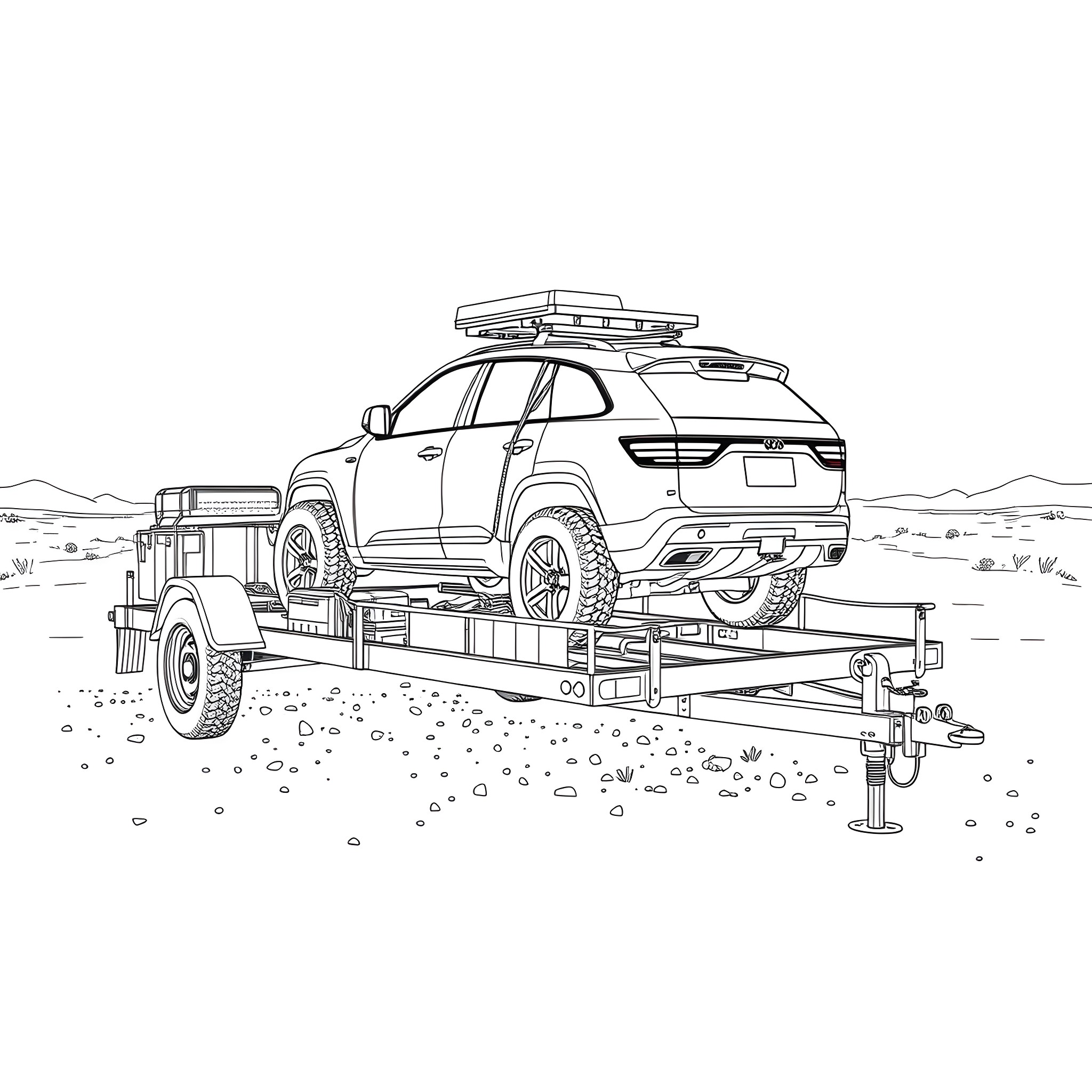 Car Trailer Loaded with Rugged Outdoor Vehicle Coloring Page (free black-and-white line drawing printable PDF for all, from beginners to advanced learners, including children, teens, adults, and seniors)