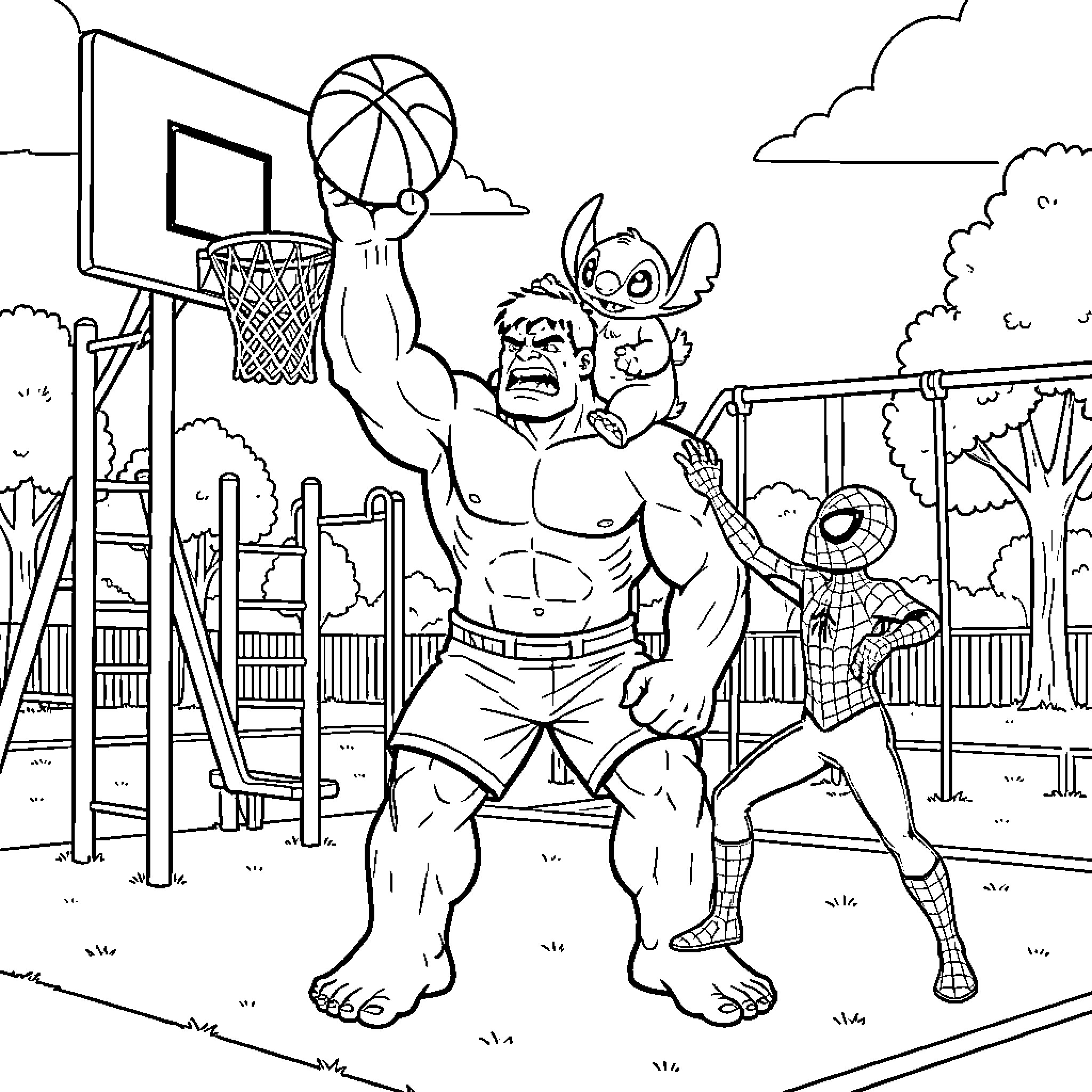 Hulk playing basketball with friends at the park Coloring Page (free black-and-white line drawing printable PDF for all, from beginners to advanced learners, including children, teens, adults, and seniors)