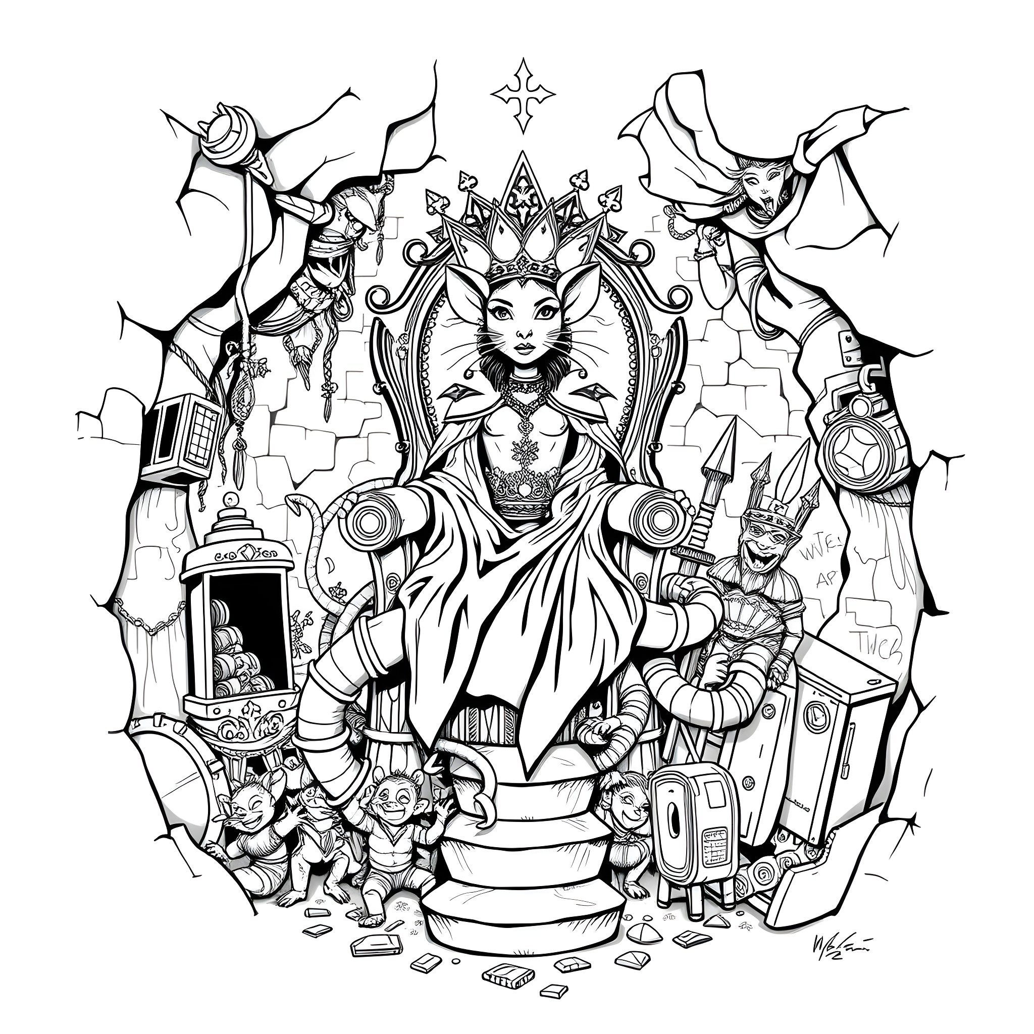 Rat Queen in her fantastical throne room Coloring Page (free black-and-white line drawing printable PDF for all, from beginners to advanced learners, including children, teens, adults, and seniors)