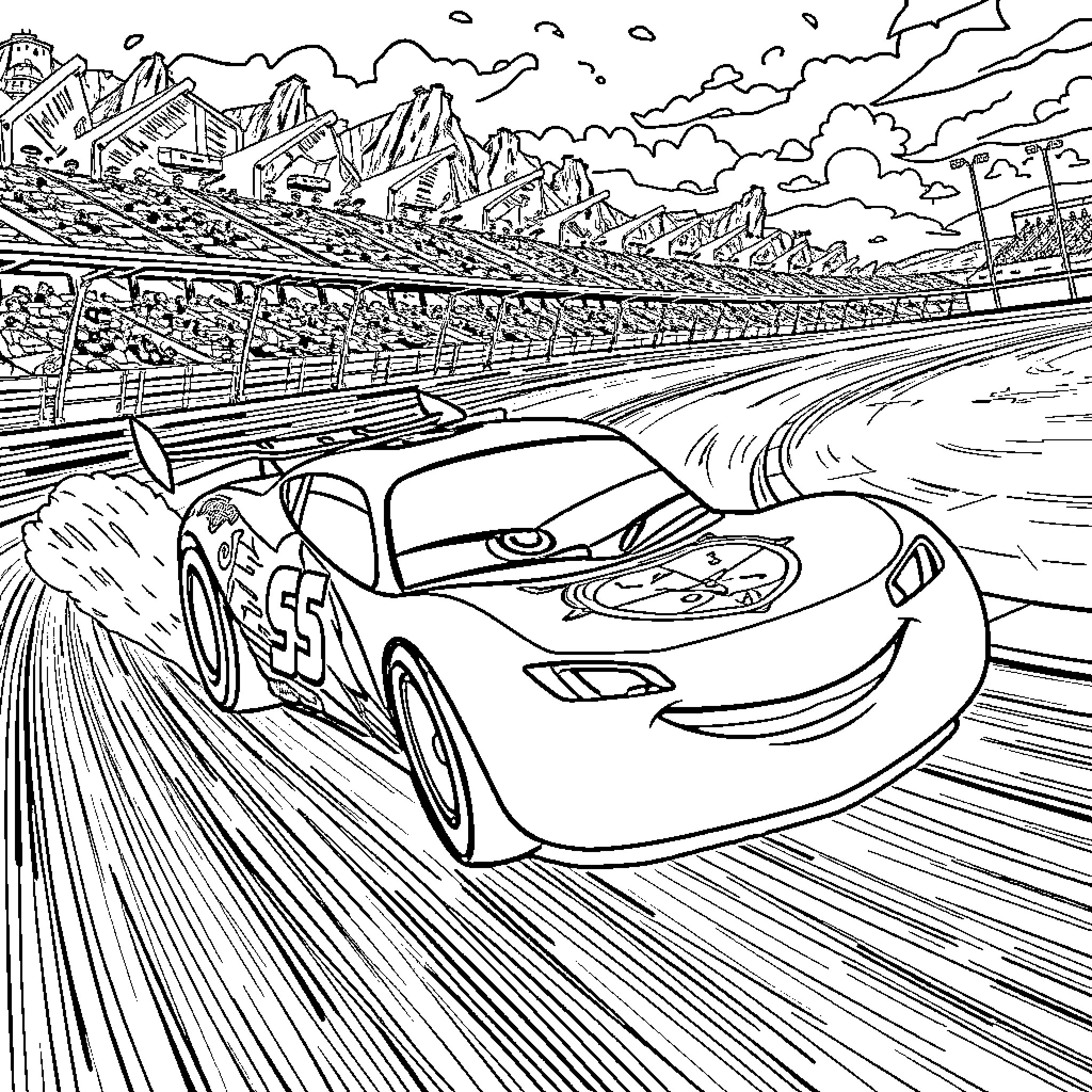 Lightning McQueen racing on the track Coloring Page (free black-and-white line drawing printable PDF for all, from beginners to advanced learners, including children, teens, adults, and seniors)