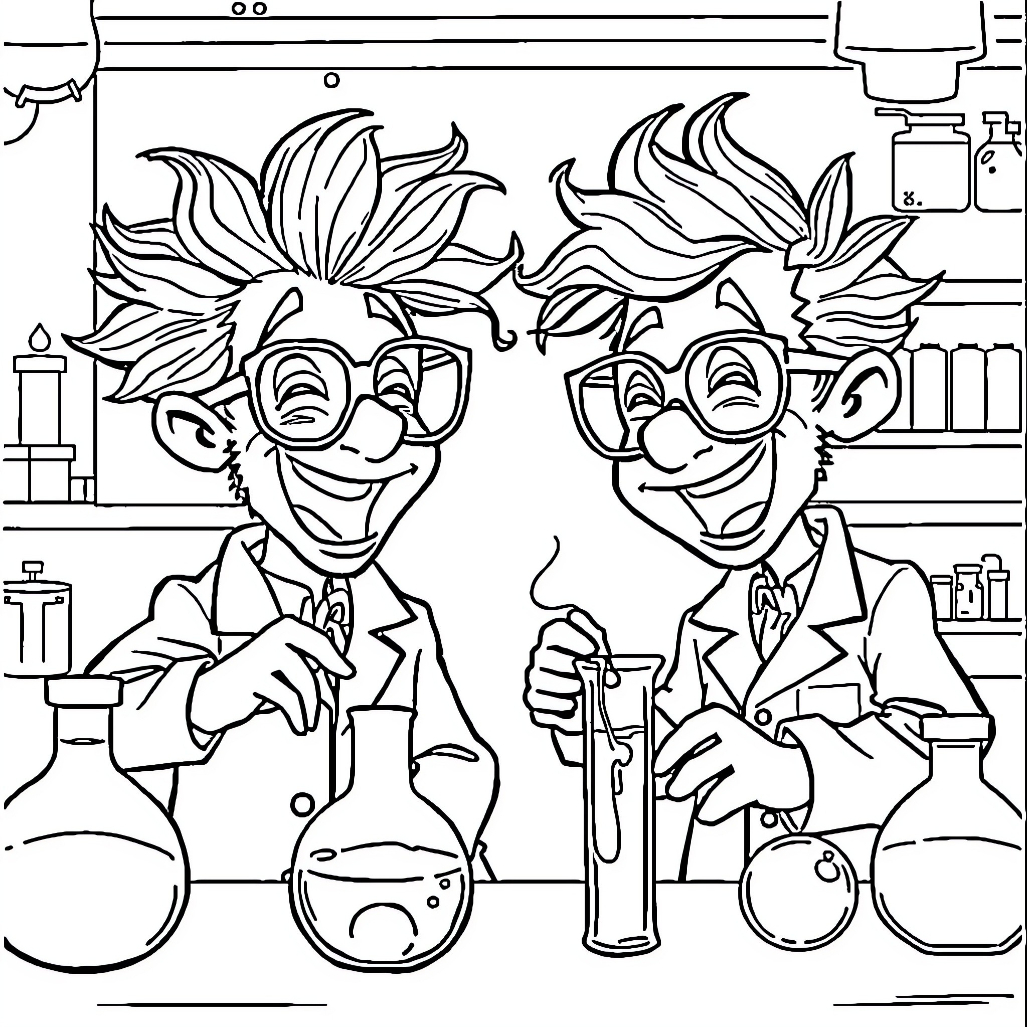 Scientist Duo Conducting Experiments in Laboratory Coloring Page (free black-and-white line drawing printable PDF for all, from beginners to advanced learners, including children, teens, adults, and seniors)