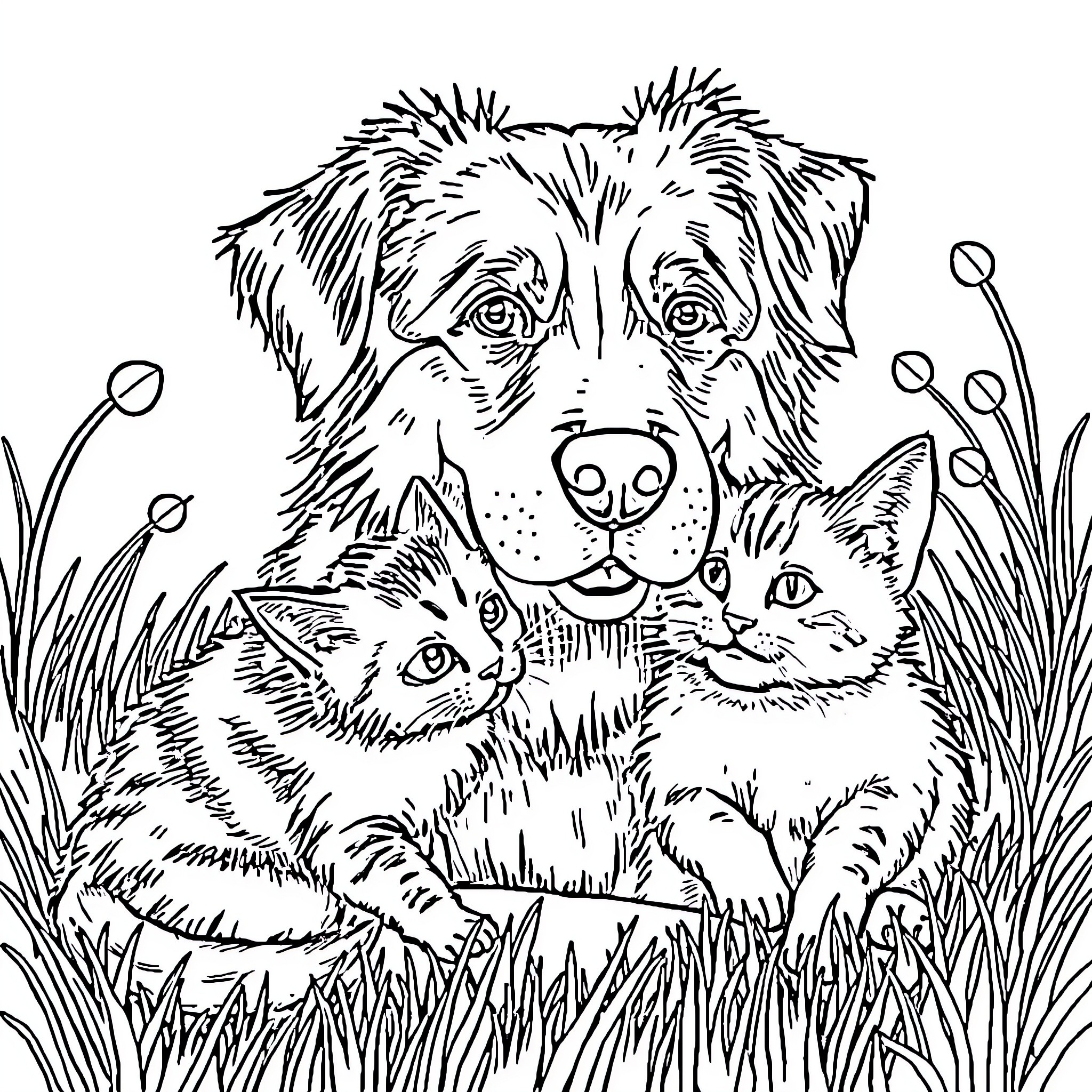 Dog, cat and kitten playing together in the grass Coloring Page (free black-and-white line drawing printable PDF for all, from beginners to advanced learners, including children, teens, adults, and seniors)
