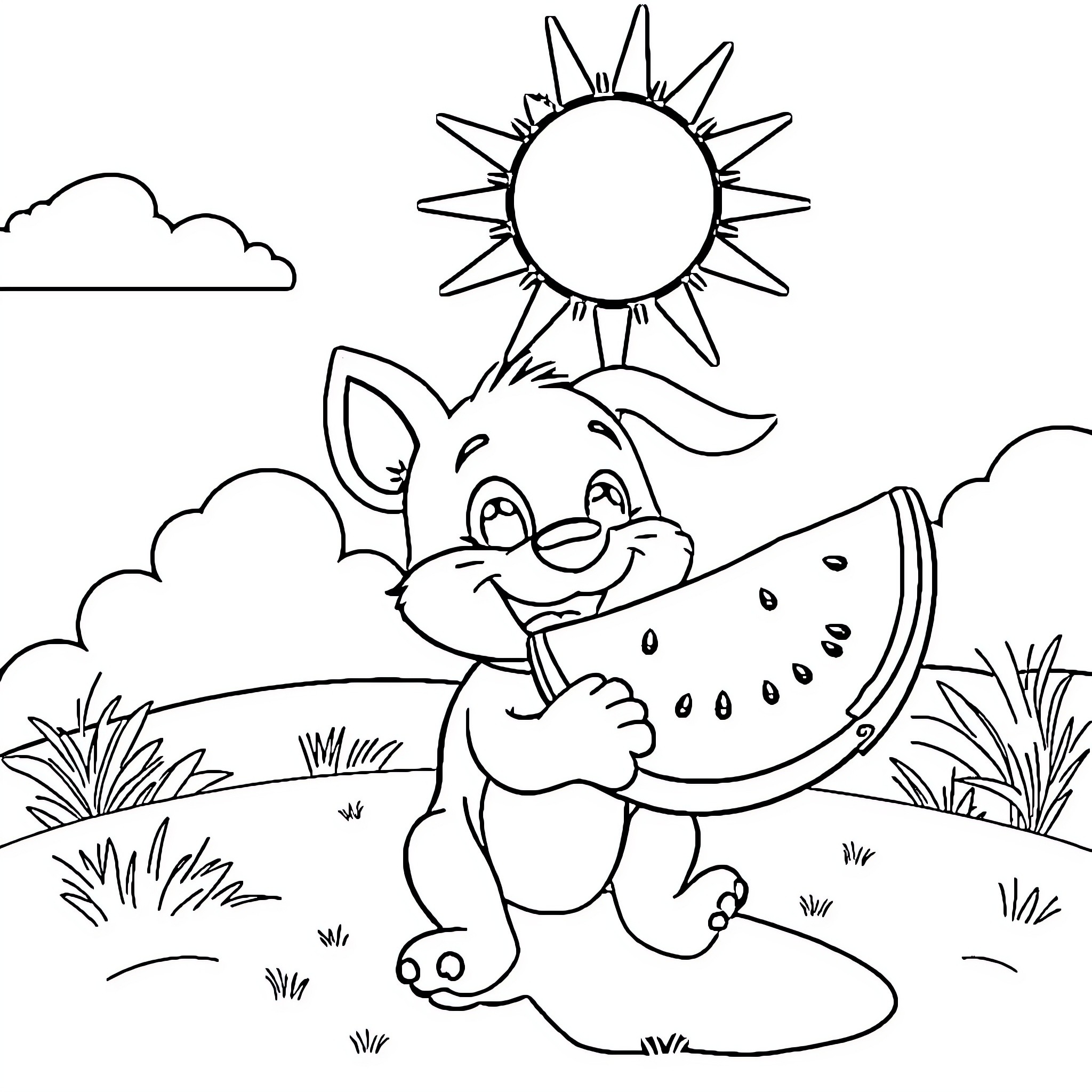 Bluey enjoying a refreshing watermelon on a sunny day Coloring Page (free black-and-white line drawing printable PDF for all, from beginners to advanced learners, including children, teens, adults, and seniors)