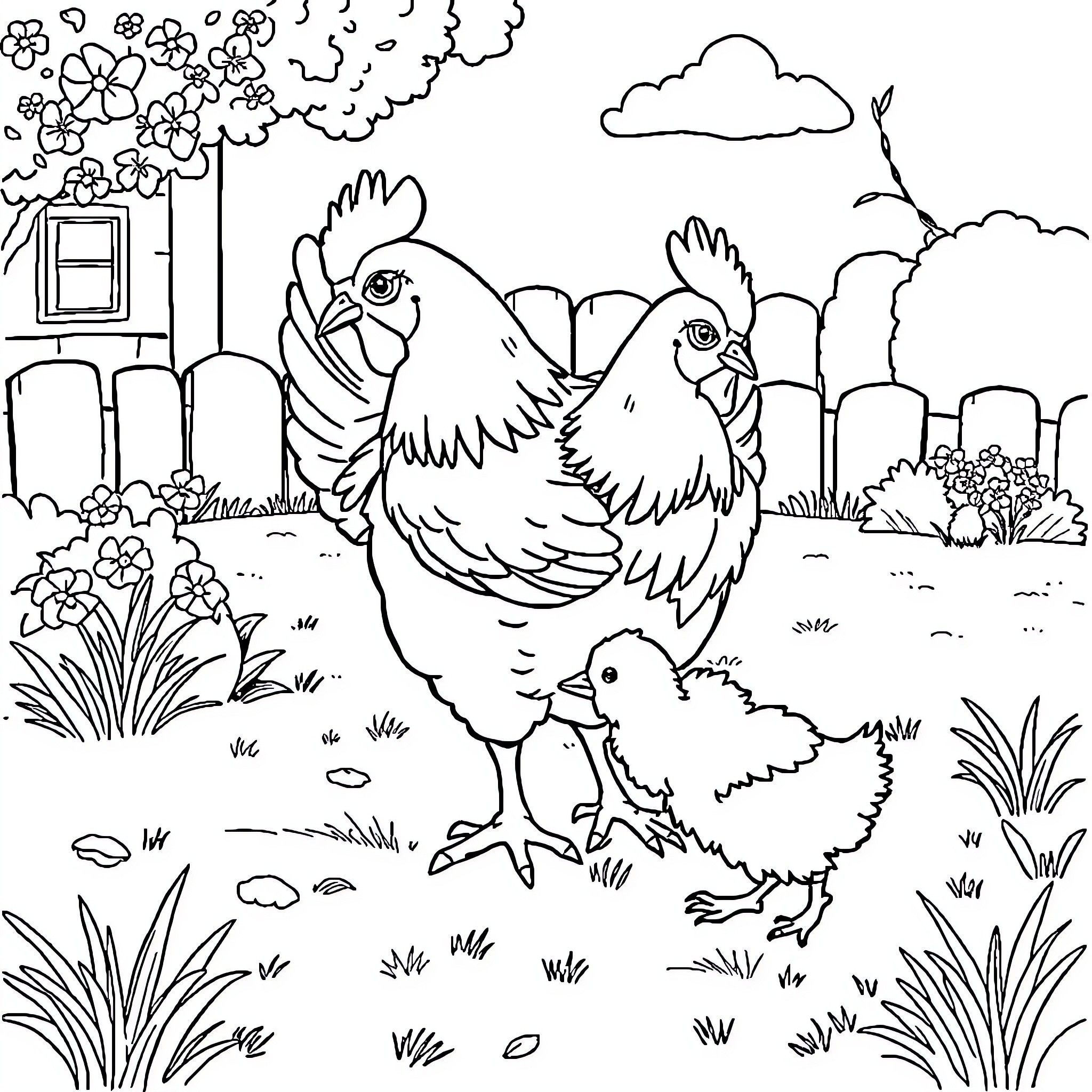 Chicken and its chick exploring the farmyard Coloring Page (free black-and-white line drawing printable PDF for all, from beginners to advanced learners, including children, teens, adults, and seniors)
