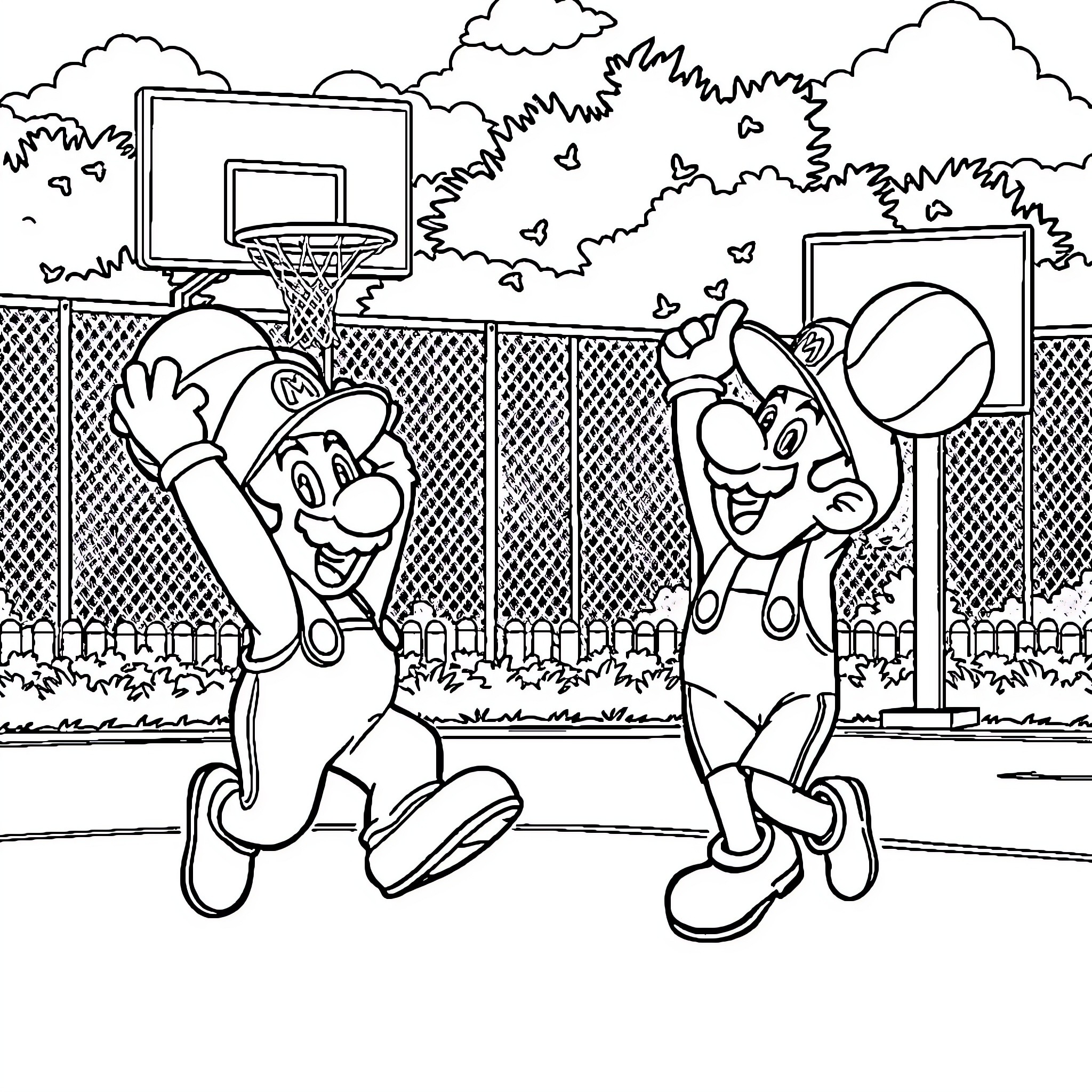 Mario and Luigi Playing Basketball on the Court Coloring Page (free black-and-white line drawing printable PDF for all, from beginners to advanced learners, including children, teens, adults, and seniors)