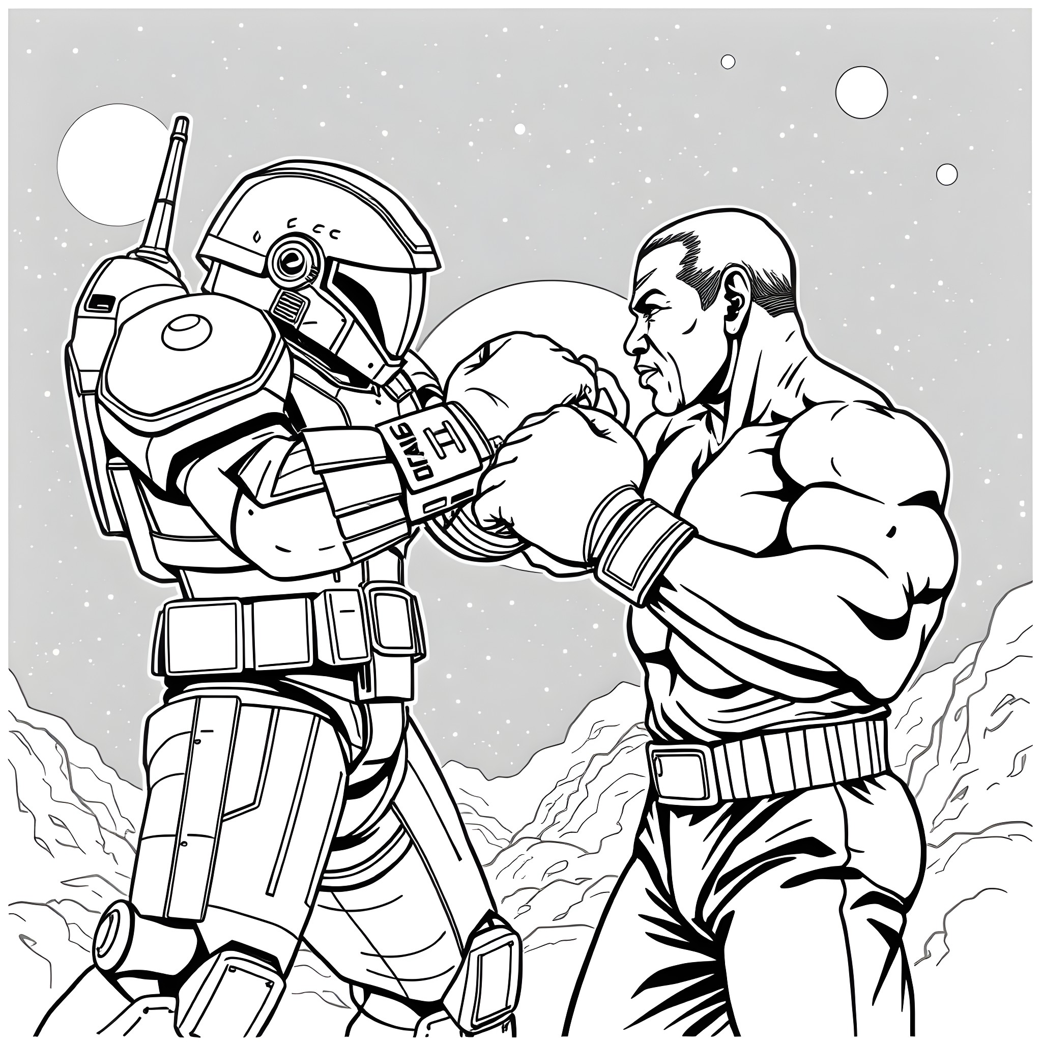Space Marine in Intense Conflict with Robotic Foe Coloring Page (free black-and-white line drawing printable PDF for all, from beginners to advanced learners, including children, teens, adults, and seniors)