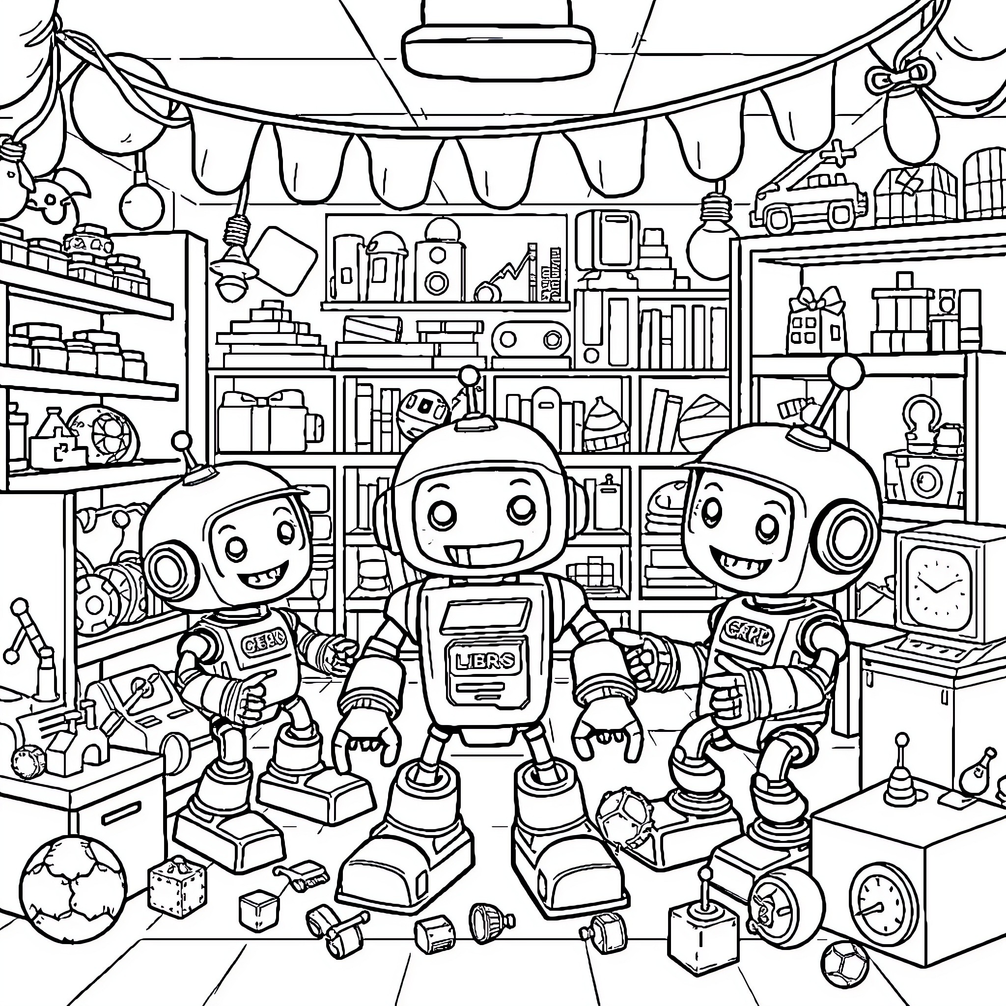 Robot Toys and Gadgets in the Workshop Coloring Page (free black-and-white line drawing printable PDF for all, from beginners to advanced learners, including children, teens, adults, and seniors)