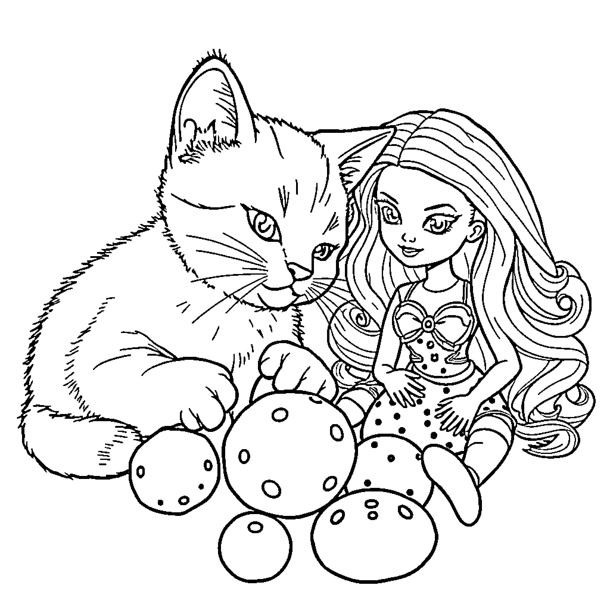 Cat and girl with polka dot accessories Coloring Page (free black-and-white line drawing printable PDF for all, from beginners to advanced learners, including children, teens, adults, and seniors)