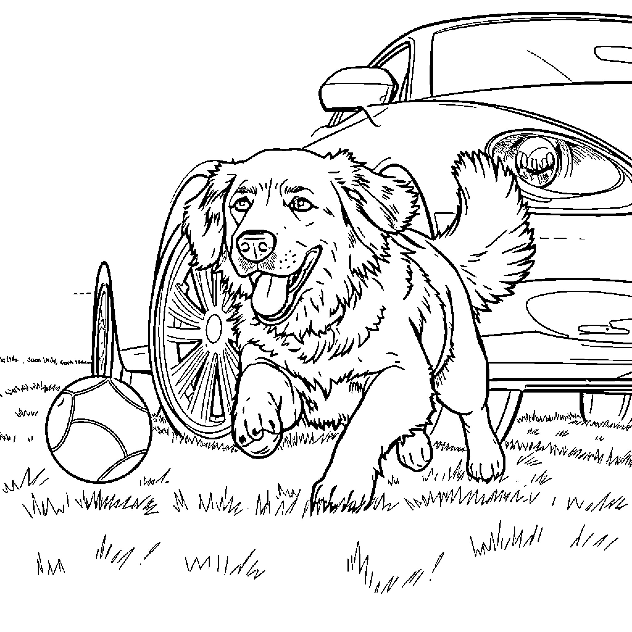 Golden Retriever enjoying outdoor adventure Coloring Page (free black-and-white line drawing printable PDF for all, from beginners to advanced learners, including children, teens, adults, and seniors)