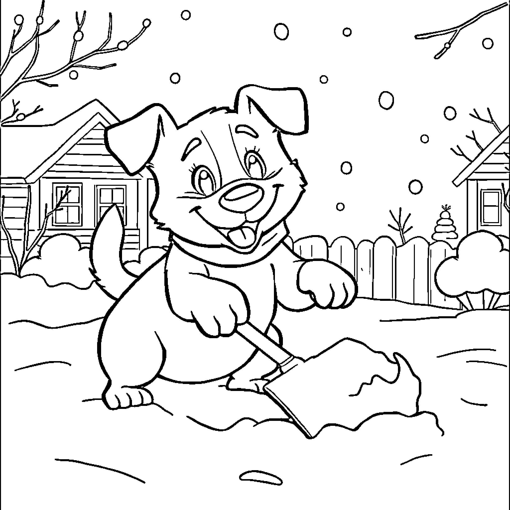 Dog playing joyfully in the snow near a cabin Coloring Page (free black-and-white line drawing printable PDF for all, from beginners to advanced learners, including children, teens, adults, and seniors)