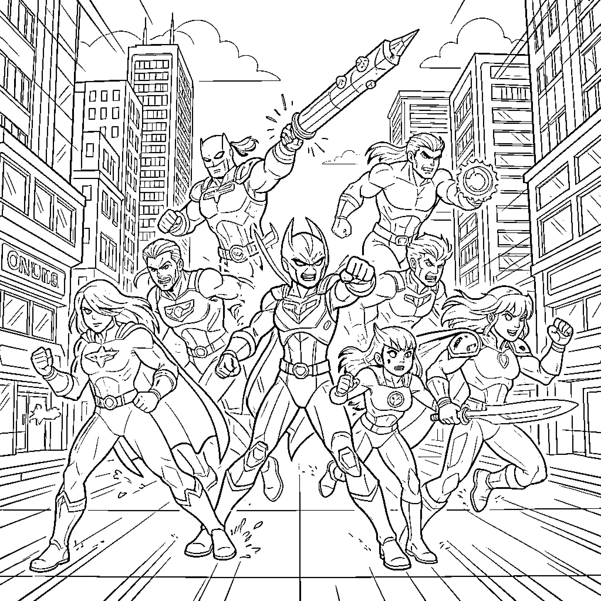 Overwatch heroes in action-packed urban scene Coloring Page (free black-and-white line drawing printable PDF for all, from beginners to advanced learners, including children, teens, adults, and seniors)