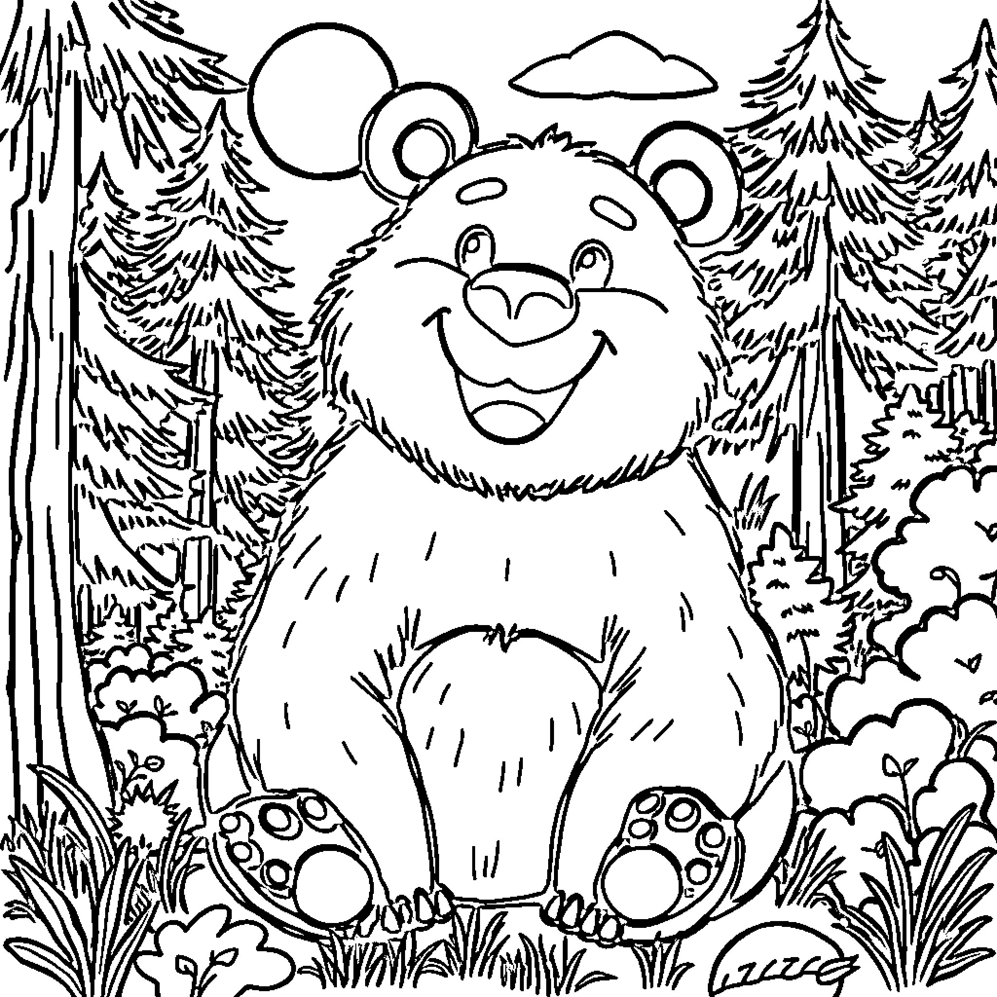 Bear happily exploring the forest Coloring Page (free black-and-white line drawing printable PDF for all, from beginners to advanced learners, including children, teens, adults, and seniors)