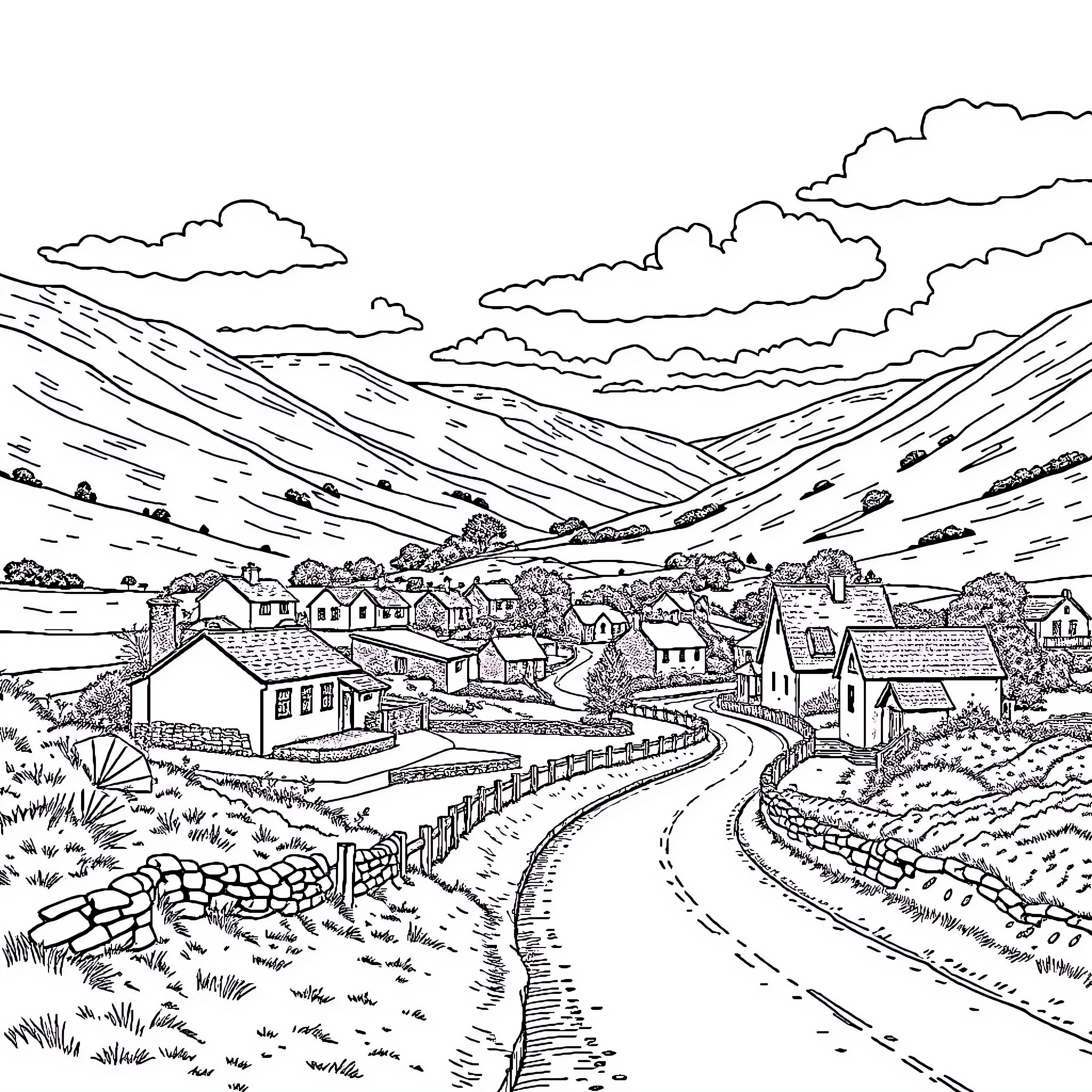 Drongan: Quaint Village Nestled in Picturesque Landscape Coloring Page (free black-and-white line drawing printable PDF for all, from beginners to advanced learners, including children, teens, adults, and seniors)