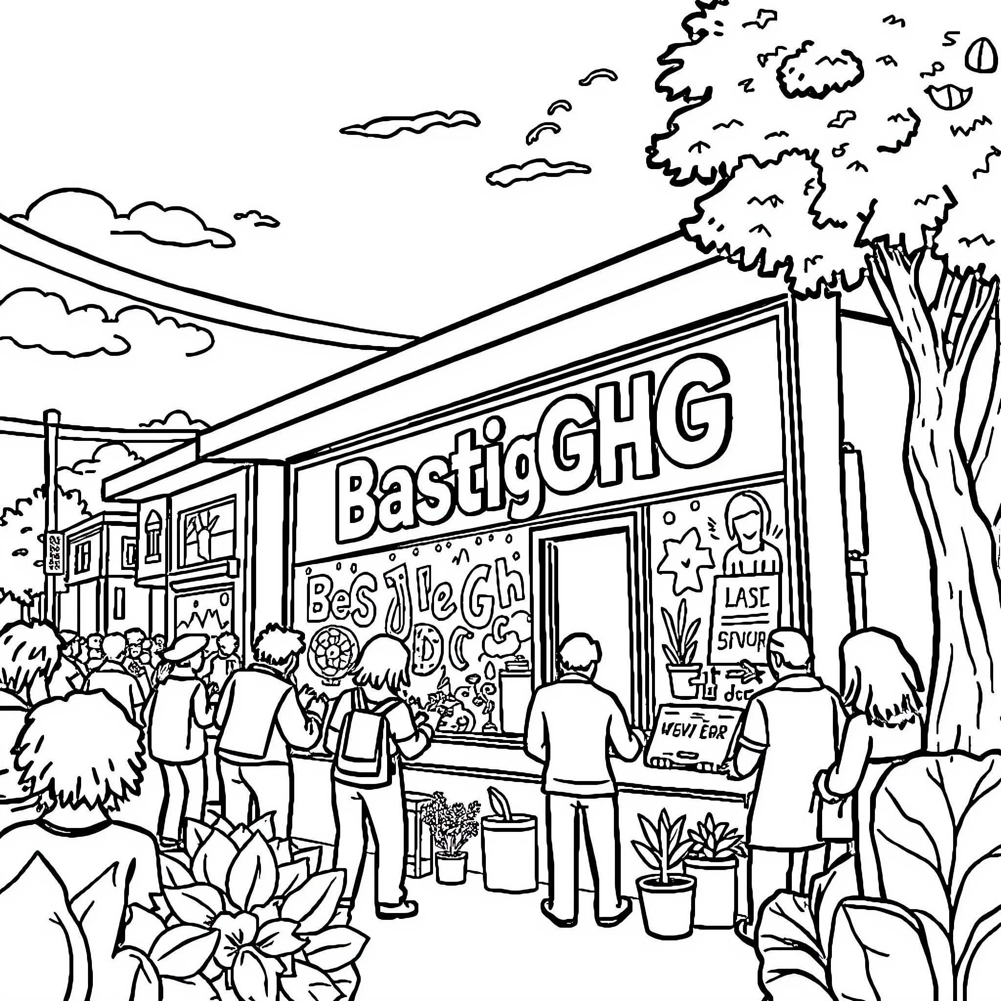 BastiGHG Busy Scene at Neighborhood Storefront Coloring Page (free black-and-white line drawing printable PDF for all, from beginners to advanced learners, including children, teens, adults, and seniors)
