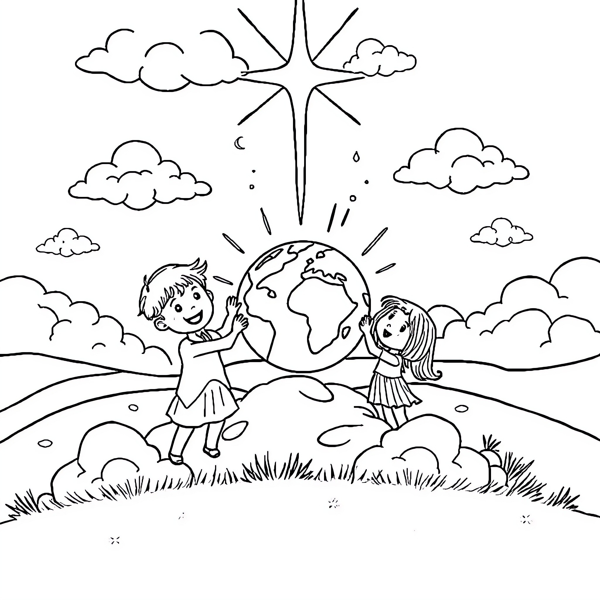 God Guides Two Children through the World Coloring Page (free black-and-white line drawing printable PDF for all, from beginners to advanced learners, including children, teens, adults, and seniors)