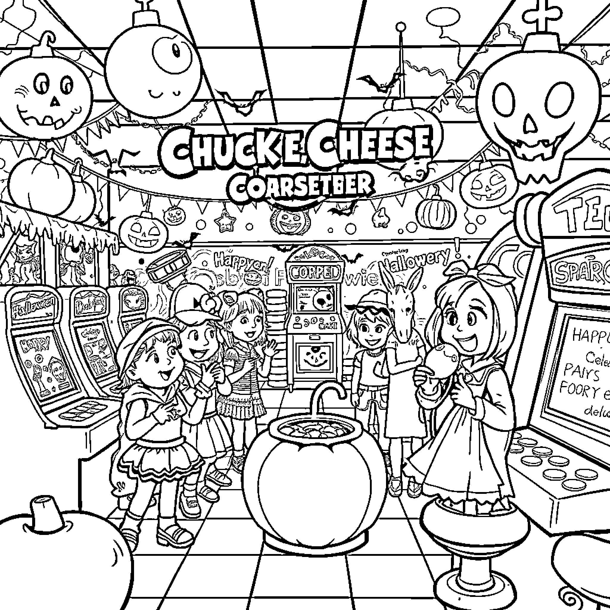 Halloween at the Chucke Cheese Goarsetger Coloring Page (free black-and-white line drawing printable PDF for all, from beginners to advanced learners, including children, teens, adults, and seniors)