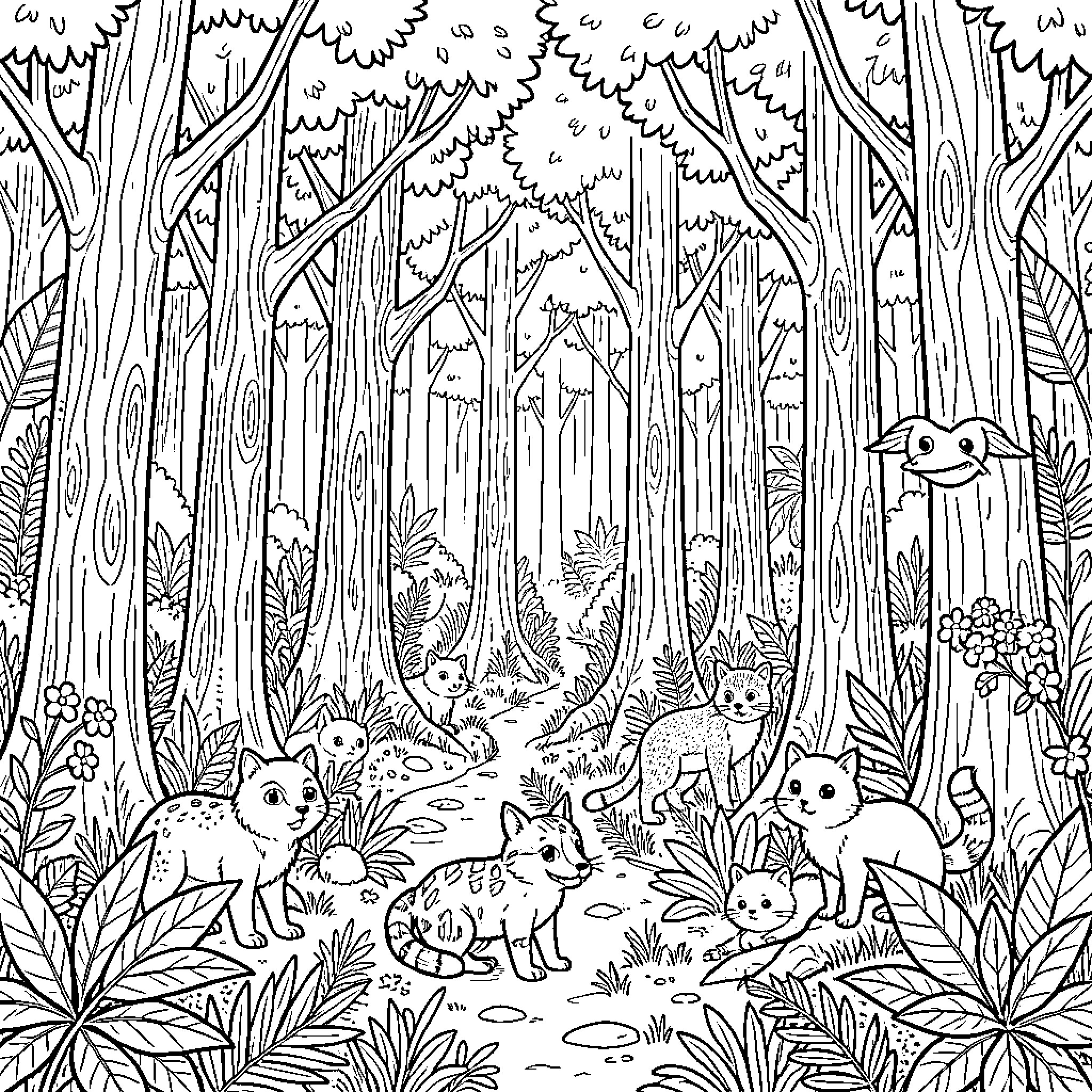 Jungle animals exploring the lush forest Coloring Page (free black-and-white line drawing printable PDF for all, from beginners to advanced learners, including children, teens, adults, and seniors)
