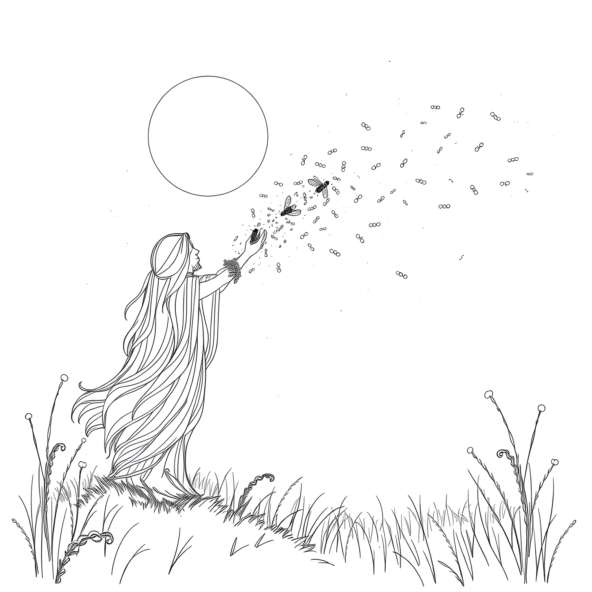 Spirit blowing dandelion flowers in the meadow Coloring Page (free black-and-white line drawing printable PDF for all, from beginners to advanced learners, including children, teens, adults, and seniors)