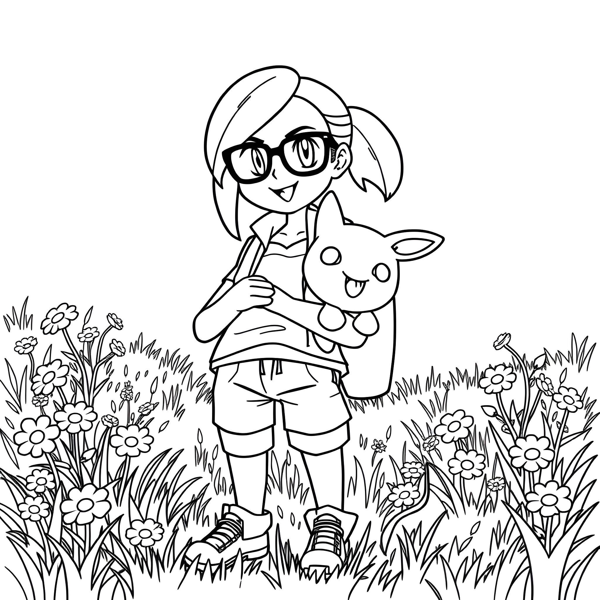 Pokemon Trainer exploring the floral garden with their Pokemon companion Coloring Page (free black-and-white line drawing printable PDF for all, from beginners to advanced learners, including children, teens, adults, and seniors)