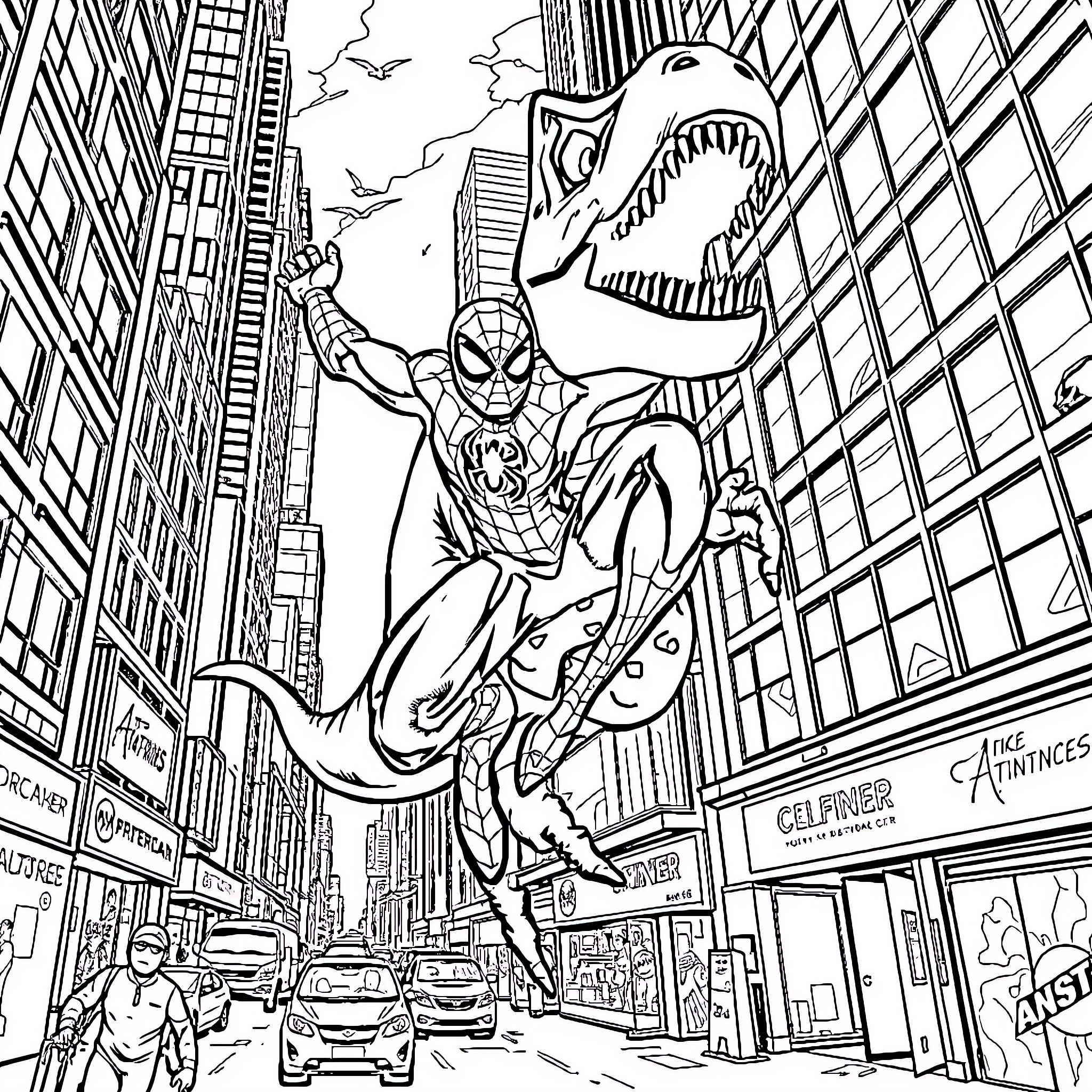 Spider-Man Swinging Through the City with a Massive Dinosaur Coloring Page (free black-and-white line drawing printable PDF for all, from beginners to advanced learners, including children, teens, adults, and seniors)