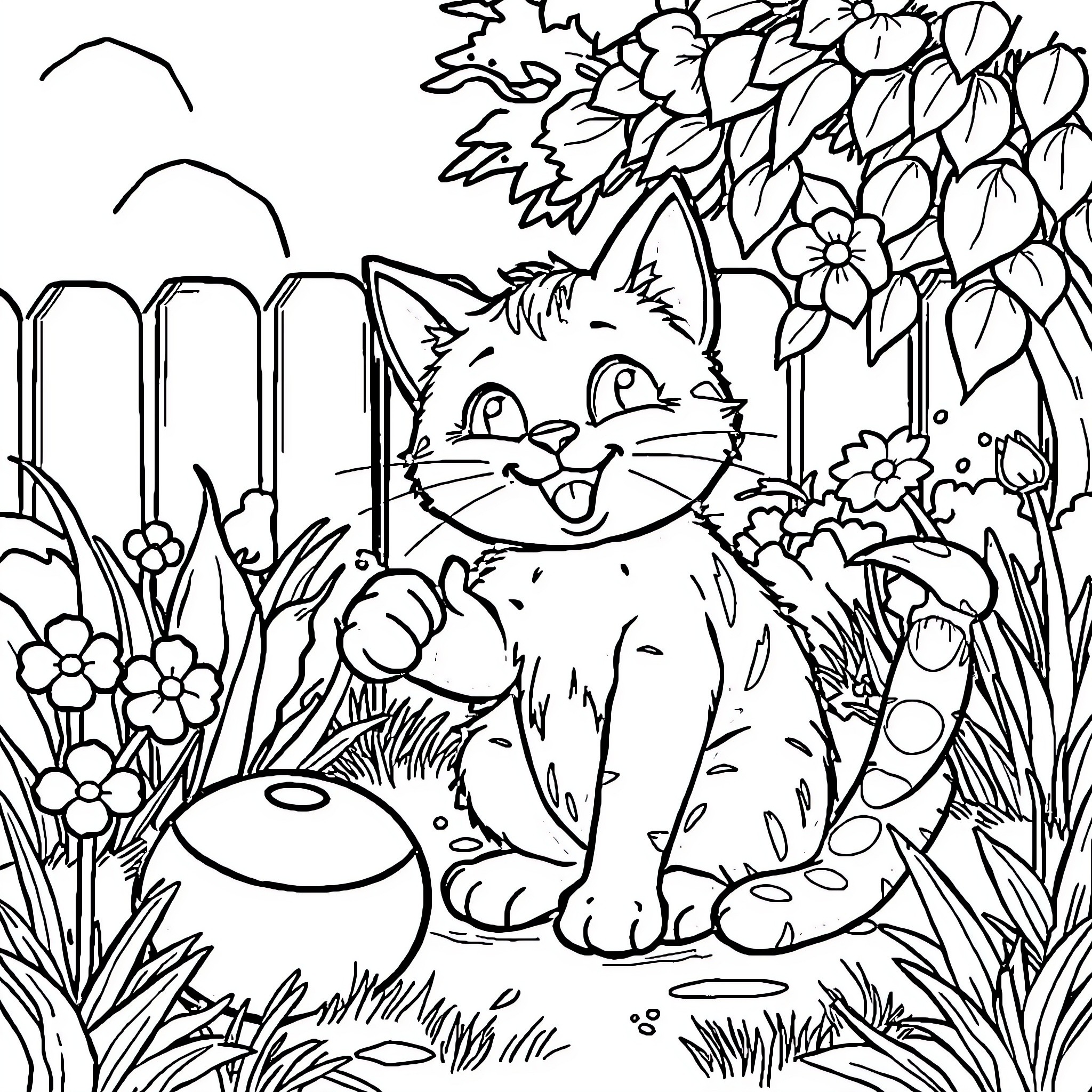 Cat surrounded by flowers in a garden Coloring Page (free black-and-white line drawing printable PDF for all, from beginners to advanced learners, including children, teens, adults, and seniors)