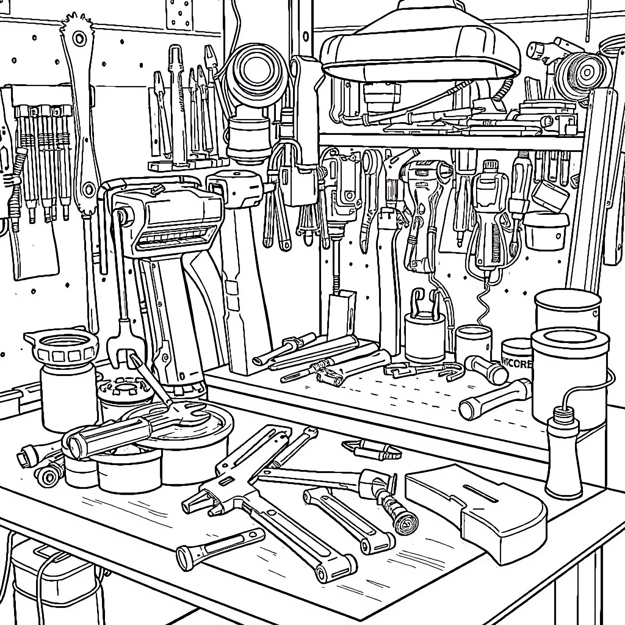 DIY Hardware Tools and Equipment on Workbench Coloring Page (free black-and-white line drawing printable PDF for all, from beginners to advanced learners, including children, teens, adults, and seniors)
