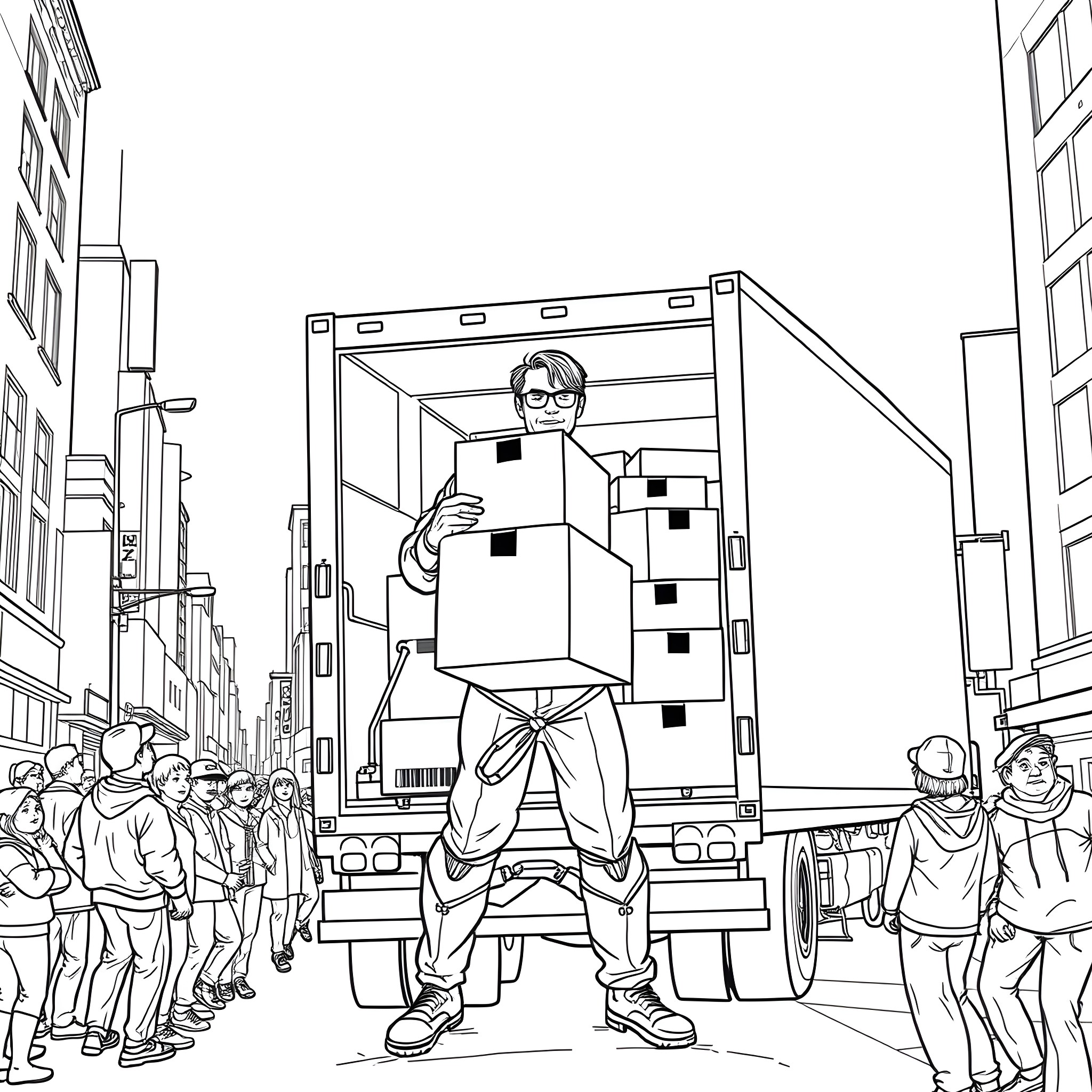 Super Hero Delivering Packages in Crowded City Coloring Page (free black-and-white line drawing printable PDF for all, from beginners to advanced learners, including children, teens, adults, and seniors)