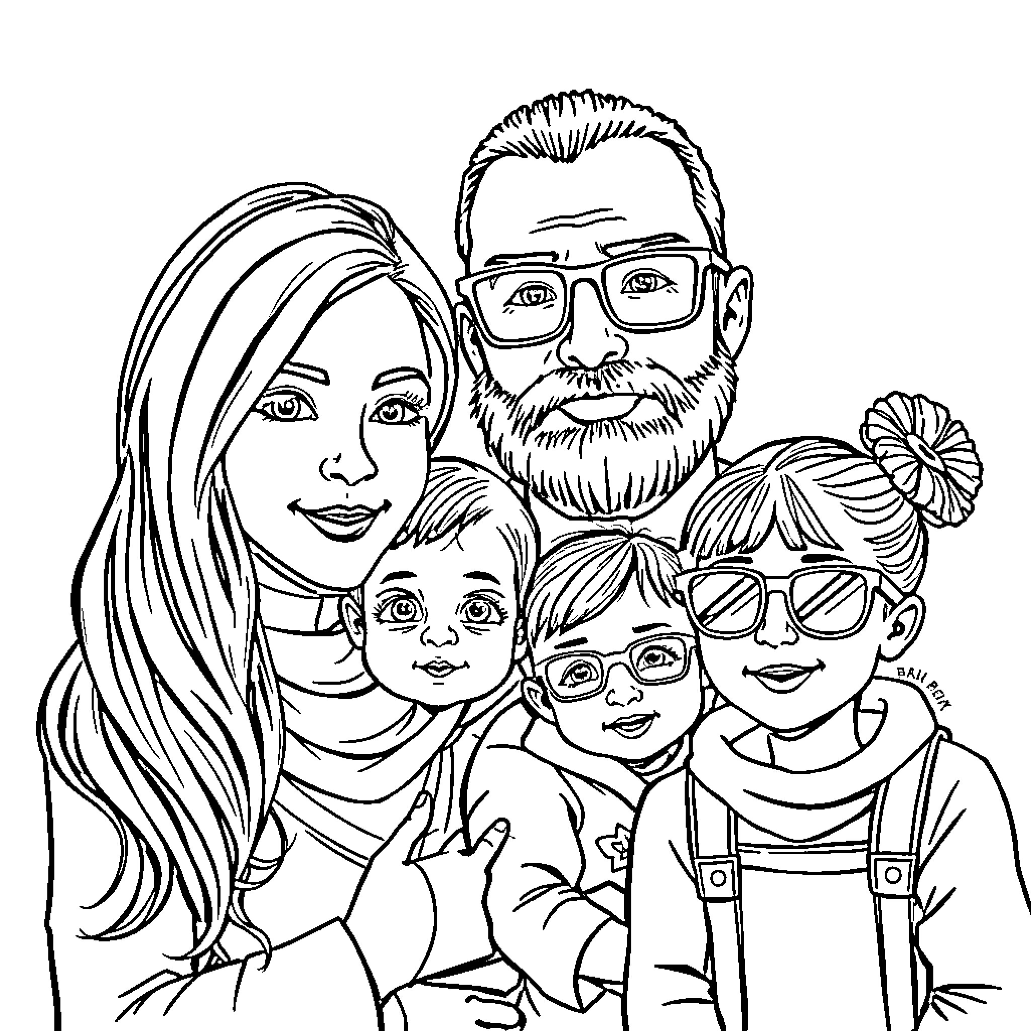 Familie enjoying a casual moment together Coloring Page (free black-and-white line drawing printable PDF for all, from beginners to advanced learners, including children, teens, adults, and seniors)