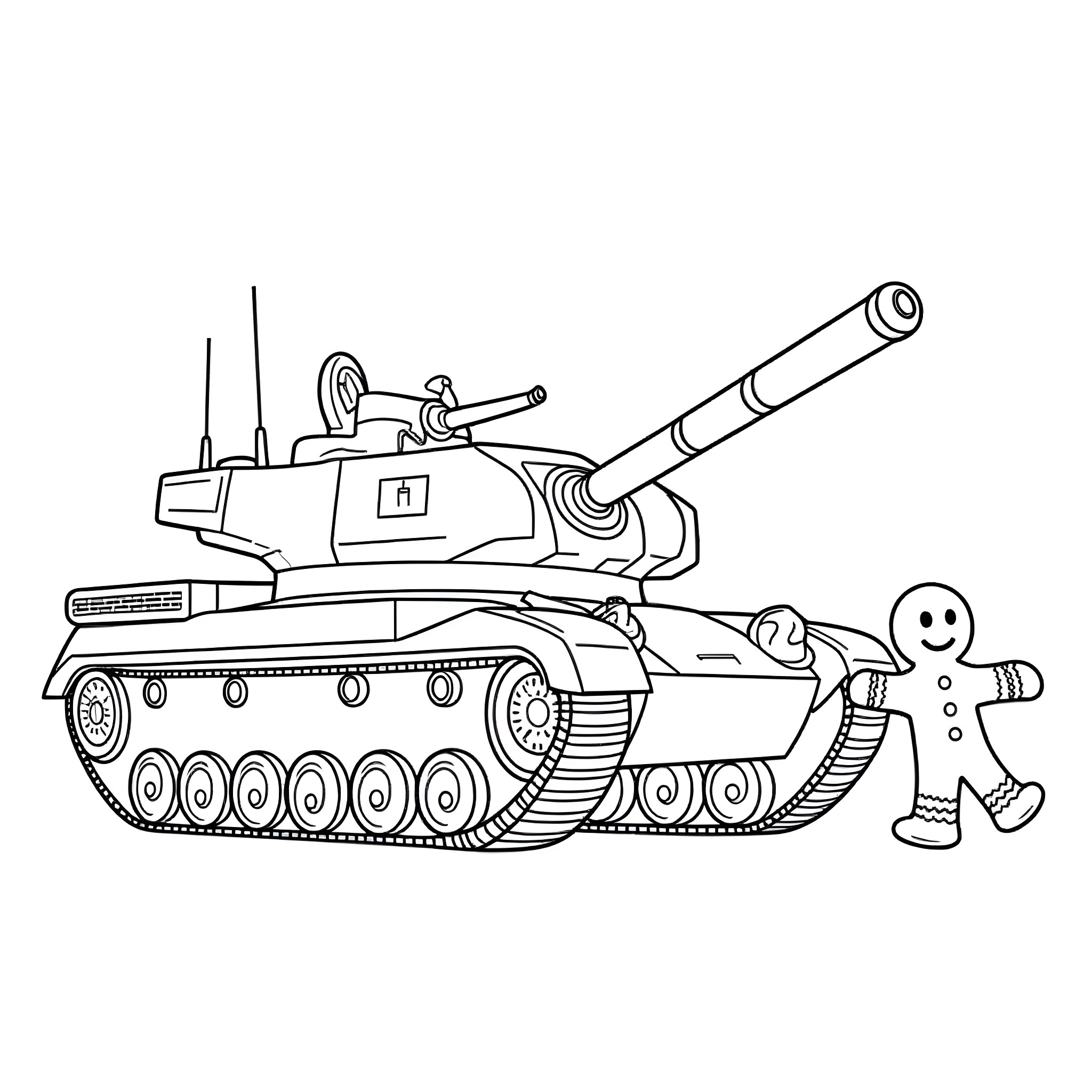 Gingerbread Man Meets Giant Battle Tank Coloring Page (free black-and-white line drawing printable PDF for all, from beginners to advanced learners, including children, teens, adults, and seniors)